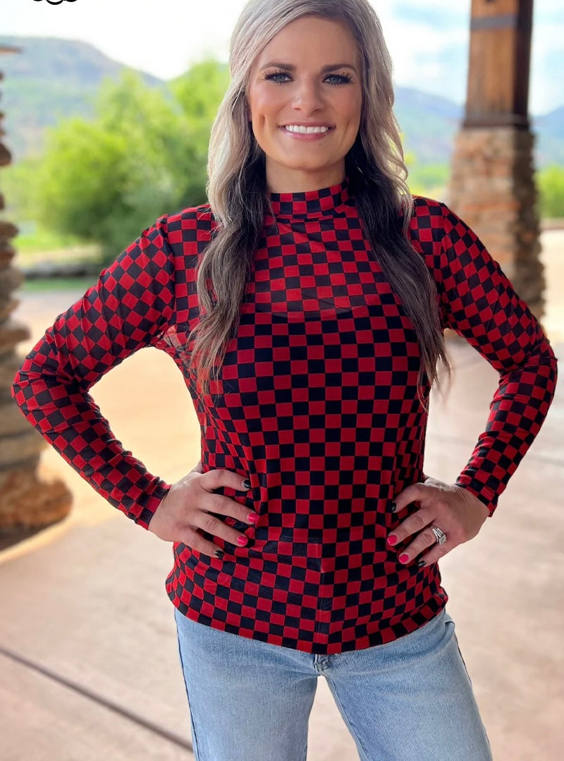 Red/Black Checkered Mesh Top-130 Cami's/Bralettes/Bodysuits- Simply Simpson's Boutique is a Women's Online Fashion Boutique Located in Jupiter, Florida