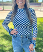 Blue Checkered Mesh Top-110 Long Sleeves- Simply Simpson's Boutique is a Women's Online Fashion Boutique Located in Jupiter, Florida