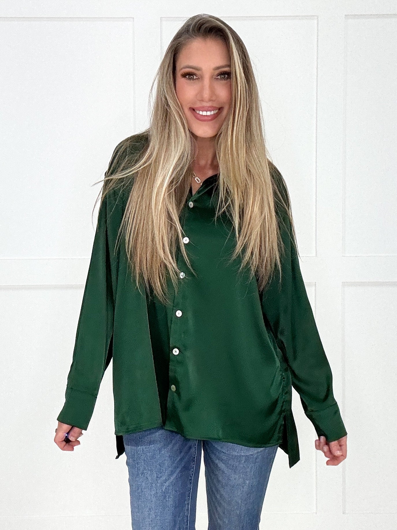 Luxe Satin Button Down Blouse-110 Long Sleeves- Simply Simpson's Boutique is a Women's Online Fashion Boutique Located in Jupiter, Florida
