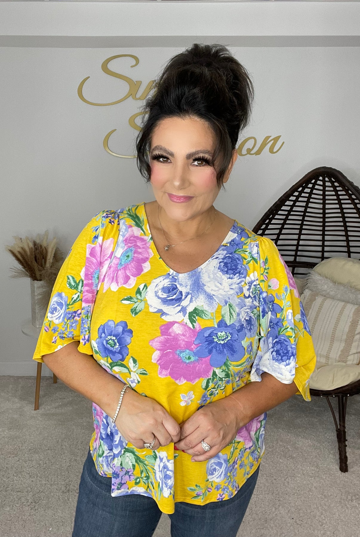 Dear Scarlett Yellow/Lavender Floral Top-100 Short Sleeves- Simply Simpson's Boutique is a Women's Online Fashion Boutique Located in Jupiter, Florida