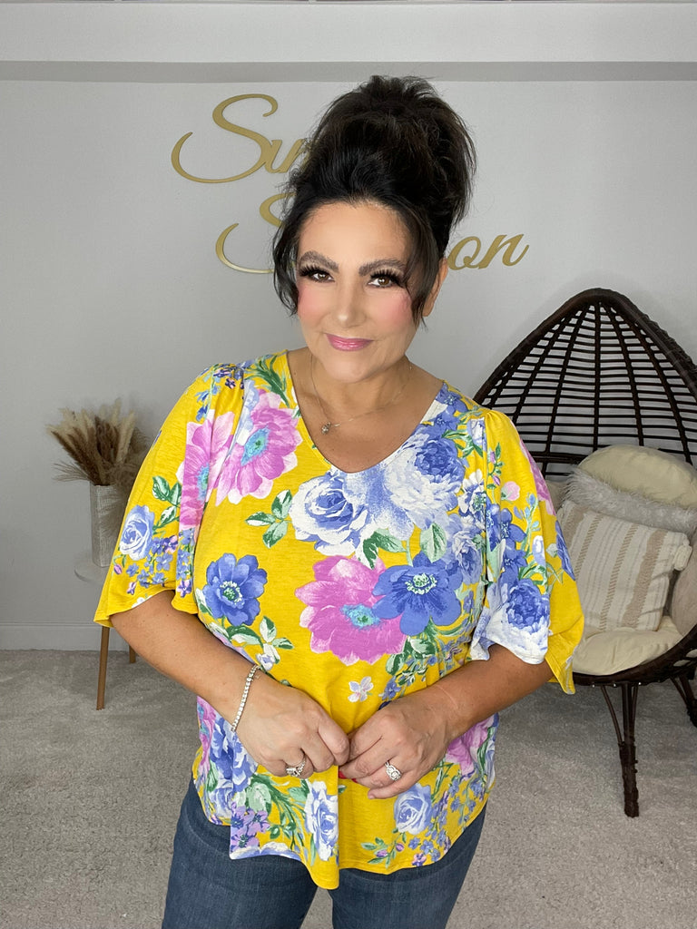 Dear Scarlett Yellow/Lavender Floral Top-100 Short Sleeves- Simply Simpson's Boutique is a Women's Online Fashion Boutique Located in Jupiter, Florida