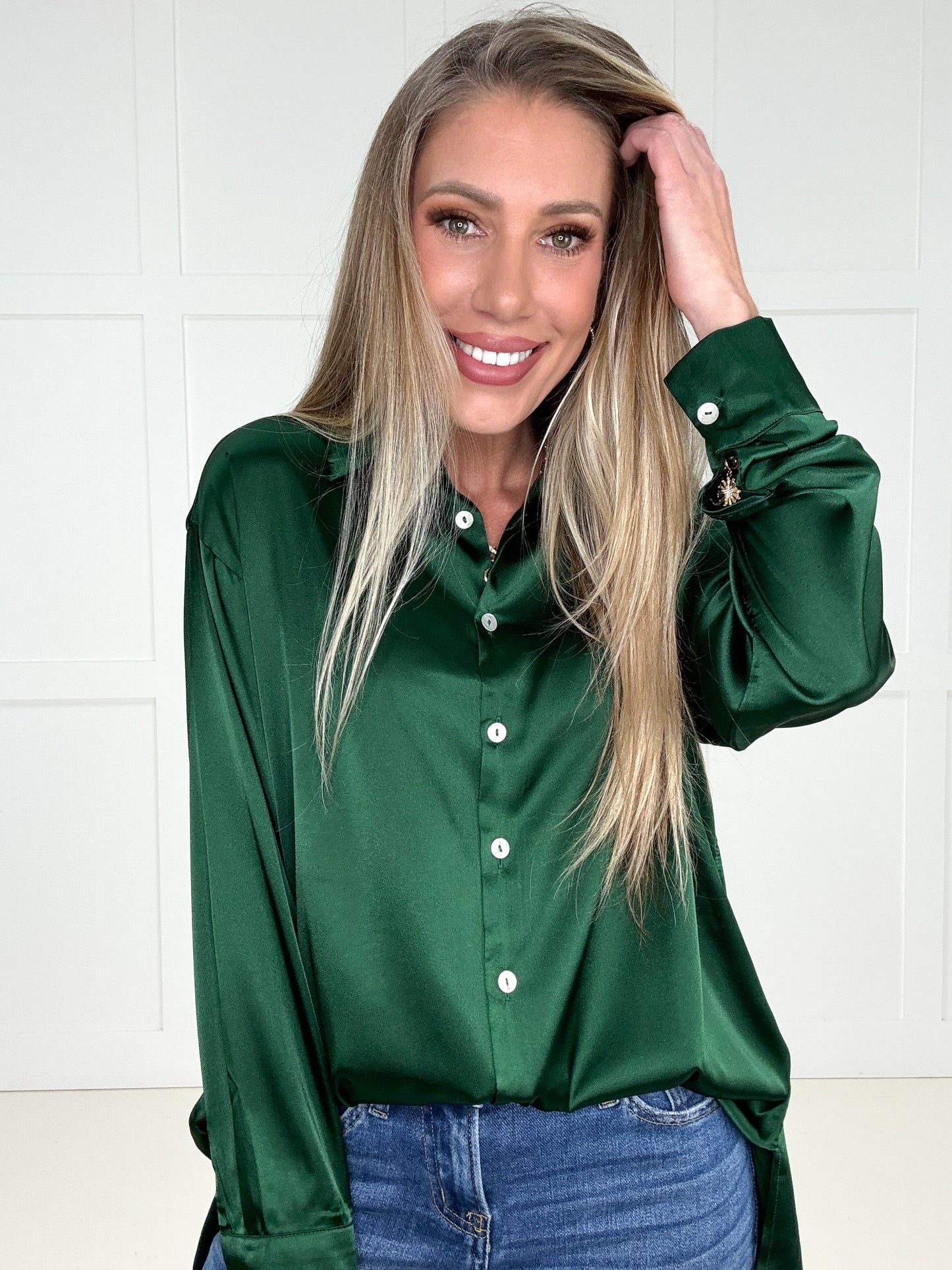 Luxe Satin Button Down Blouse-110 Long Sleeves- Simply Simpson's Boutique is a Women's Online Fashion Boutique Located in Jupiter, Florida