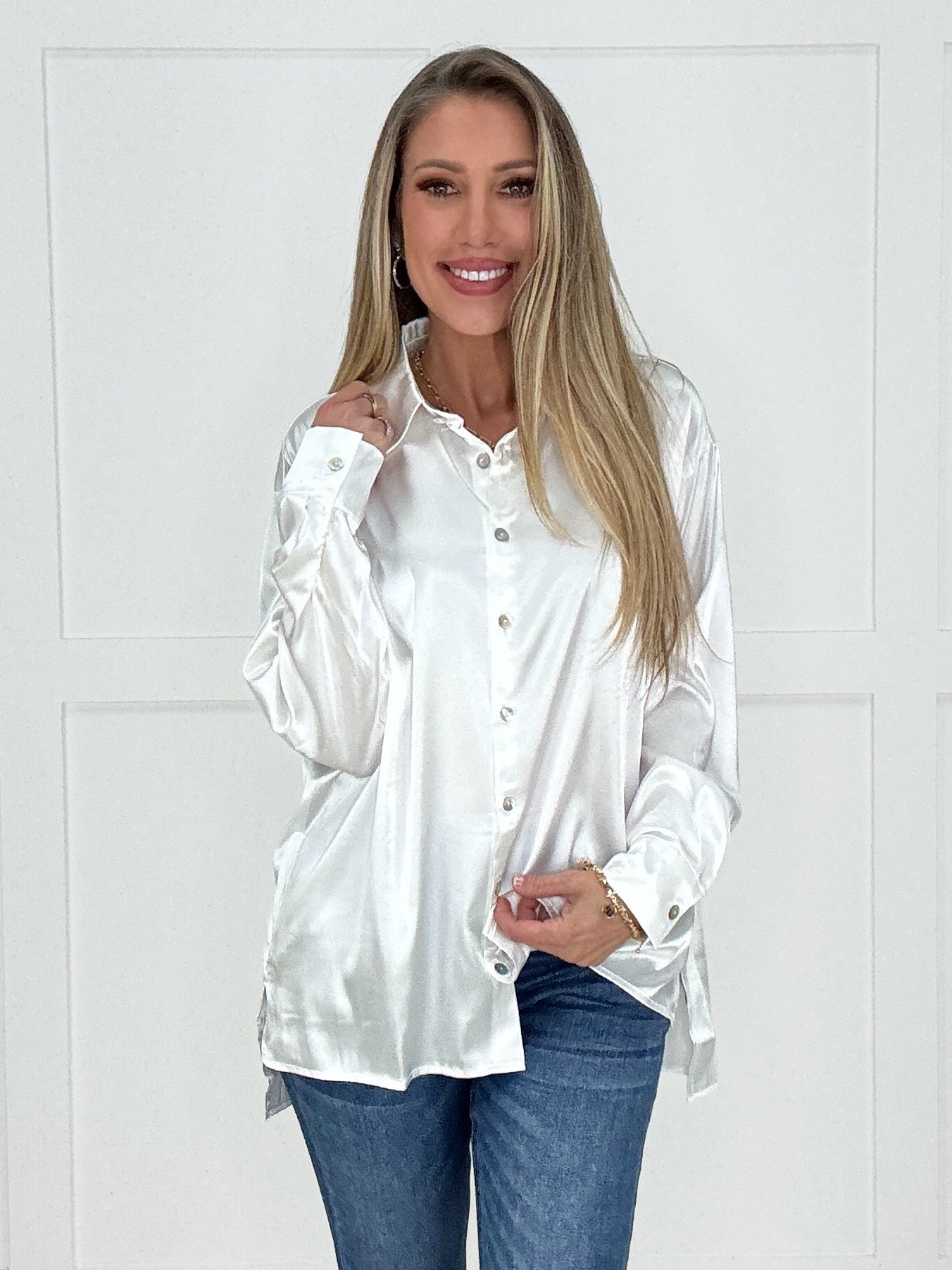 Luxe Satin Button Down Blouse-110 Long Sleeves- Simply Simpson's Boutique is a Women's Online Fashion Boutique Located in Jupiter, Florida