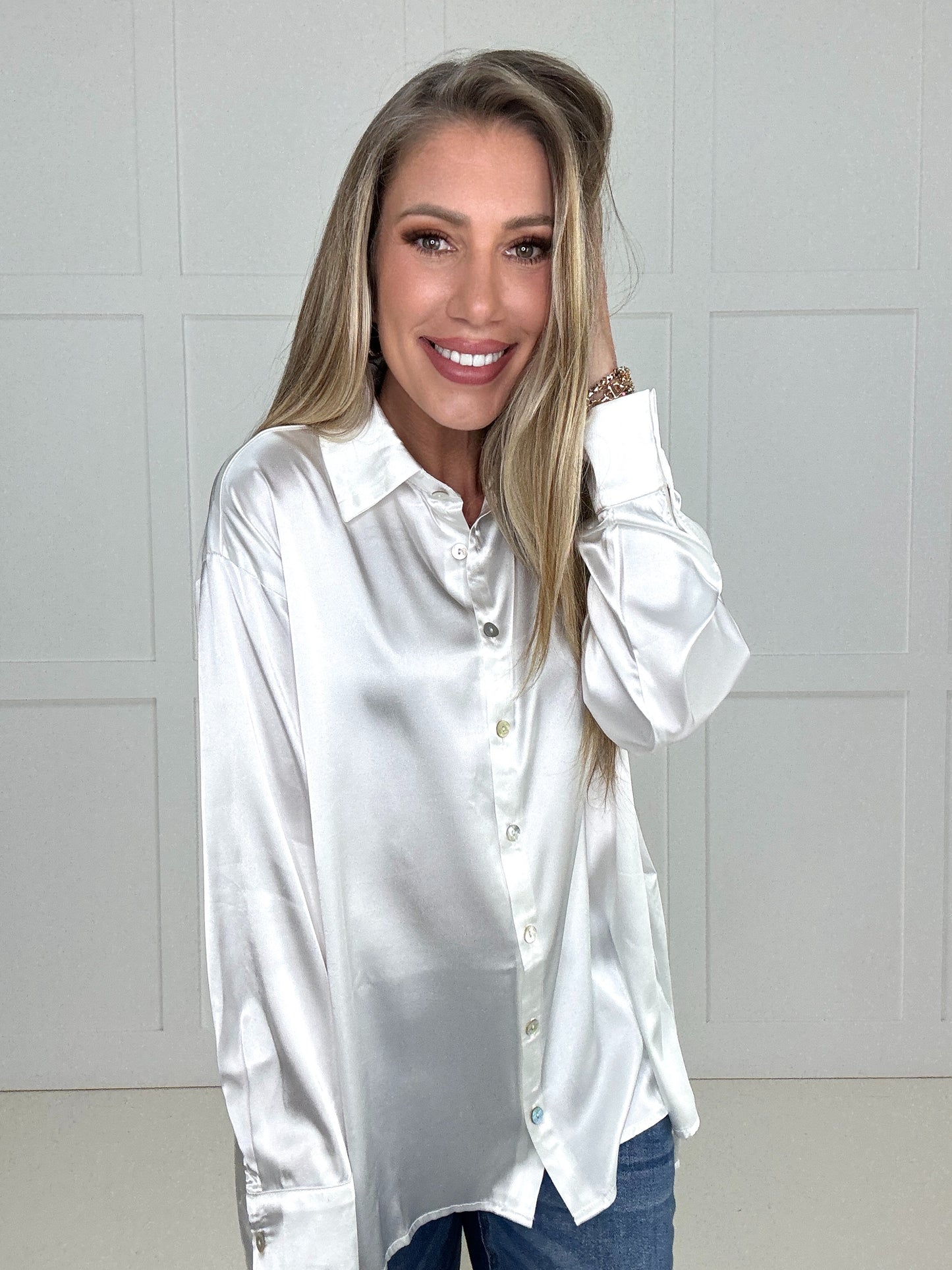Luxe Satin Button Down Blouse-110 Long Sleeves- Simply Simpson's Boutique is a Women's Online Fashion Boutique Located in Jupiter, Florida