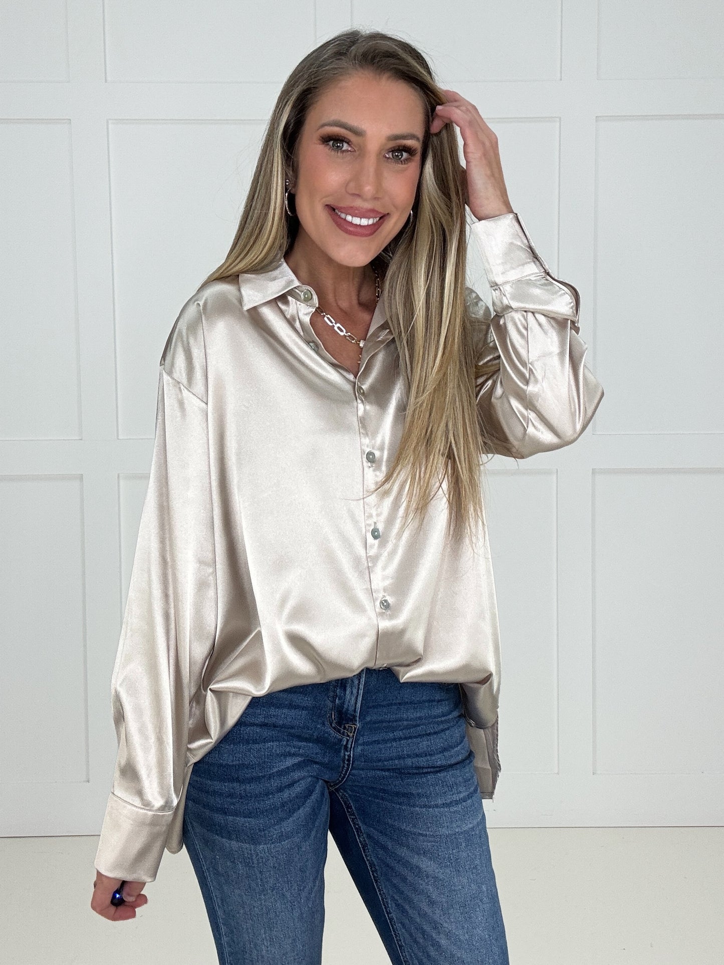 Luxe Satin Button Down Blouse-110 Long Sleeves- Simply Simpson's Boutique is a Women's Online Fashion Boutique Located in Jupiter, Florida