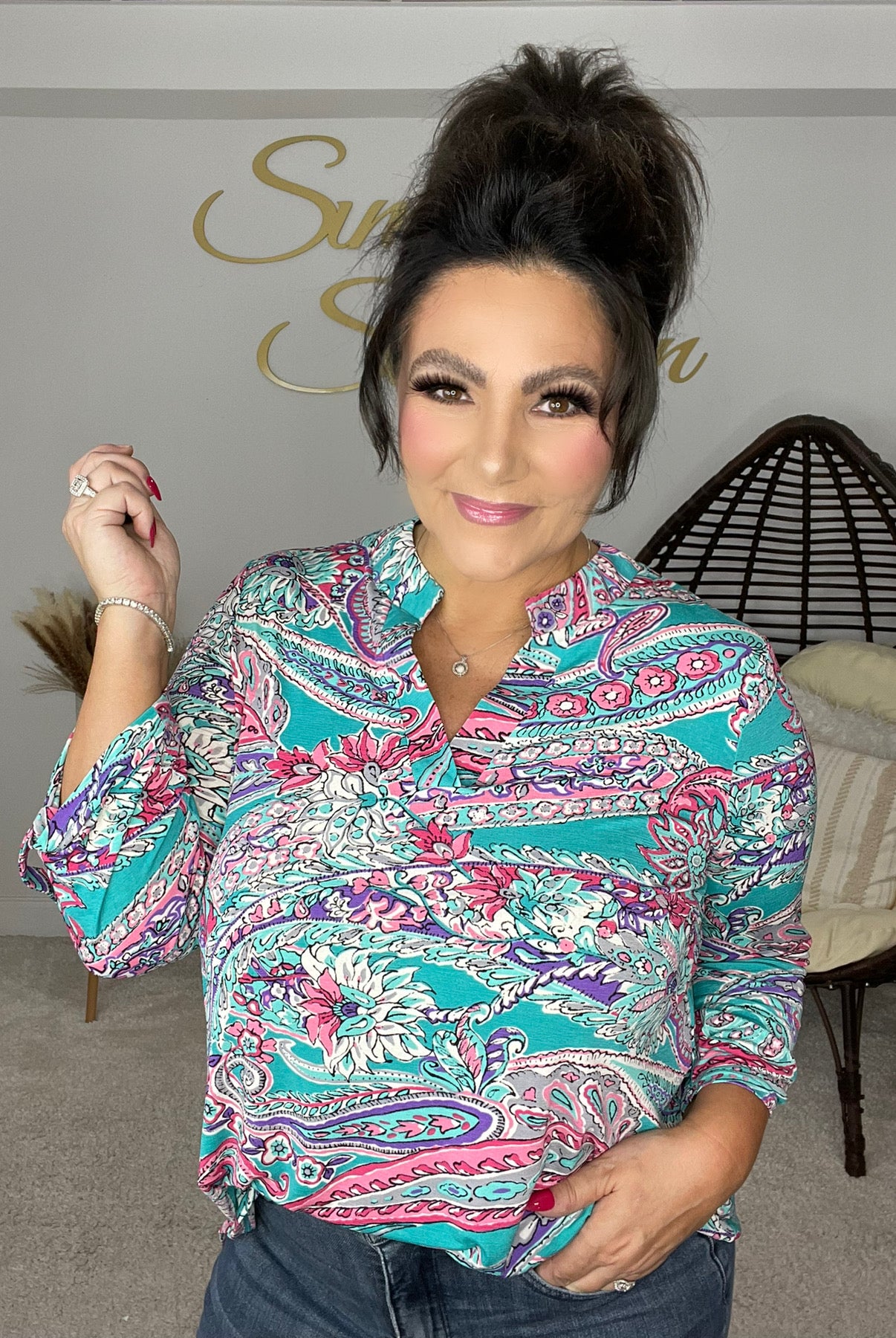 Dear Scarlett Blue/Pink Paisley Lizzy-100 Short Sleeves- Simply Simpson's Boutique is a Women's Online Fashion Boutique Located in Jupiter, Florida