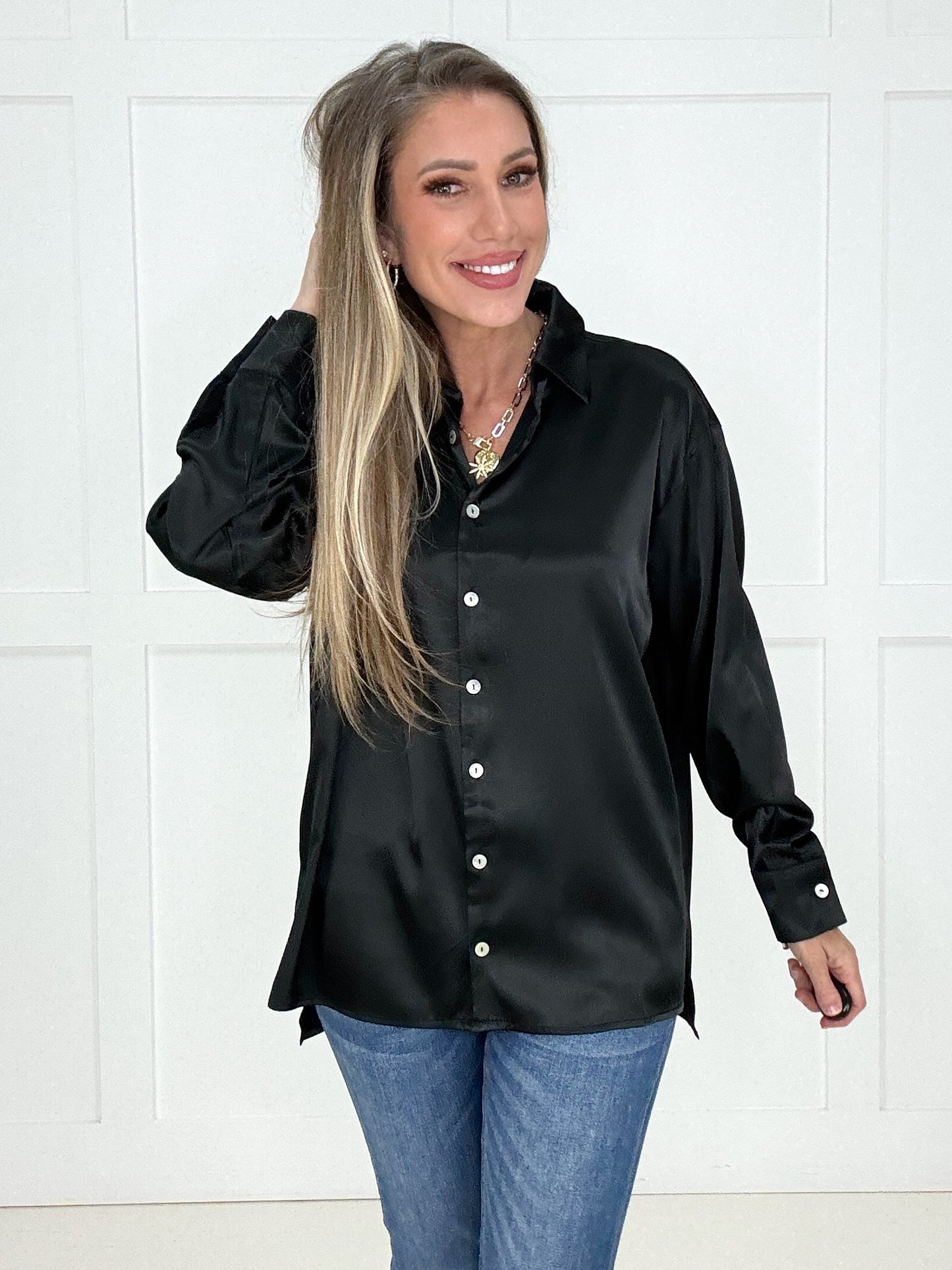 Luxe Satin Button Down Blouse-110 Long Sleeves- Simply Simpson's Boutique is a Women's Online Fashion Boutique Located in Jupiter, Florida