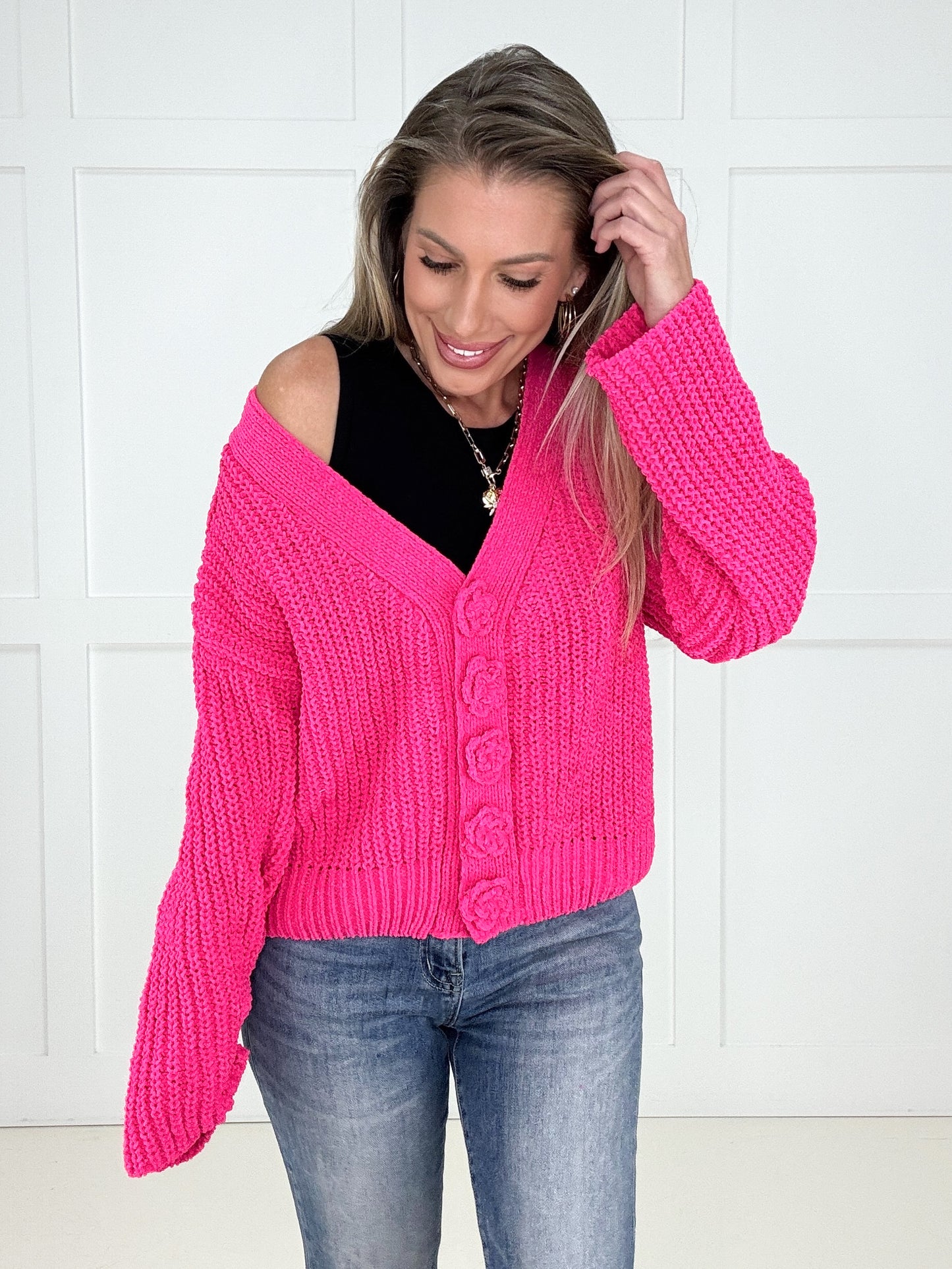 POL Poppy Pink Athena Cardigan-170 Cardigans- Simply Simpson's Boutique is a Women's Online Fashion Boutique Located in Jupiter, Florida