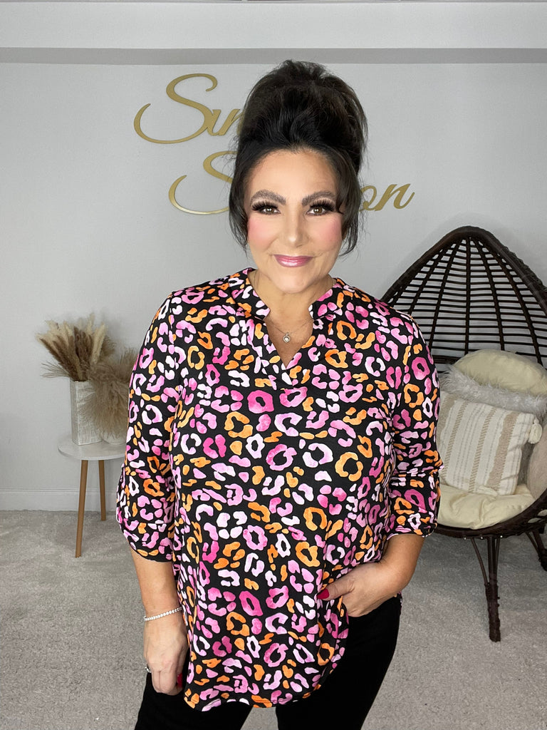 Dear Scarlett Pink/Orange Cheetah Lizzy-100 Short Sleeves- Simply Simpson's Boutique is a Women's Online Fashion Boutique Located in Jupiter, Florida