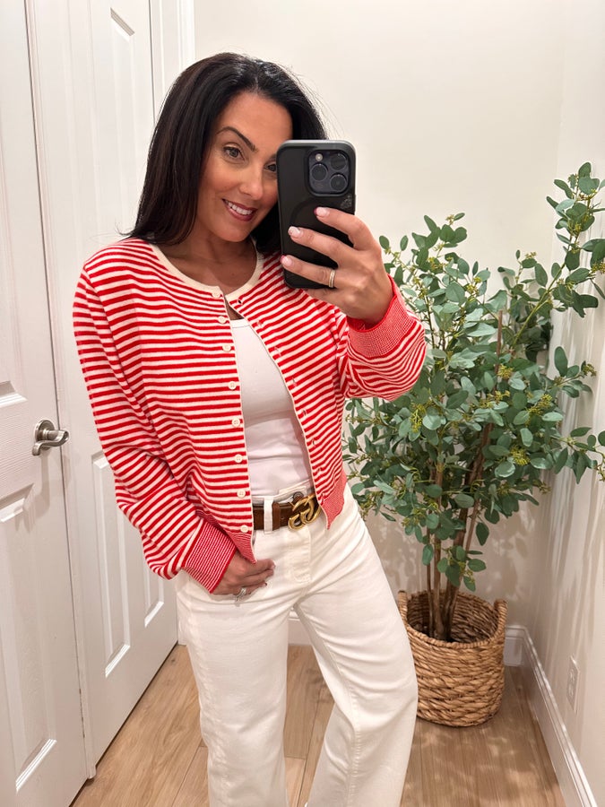 Mod Ref Red Striped Cardigan- Simply Simpson's Boutique is a Women's Online Fashion Boutique Located in Jupiter, Florida