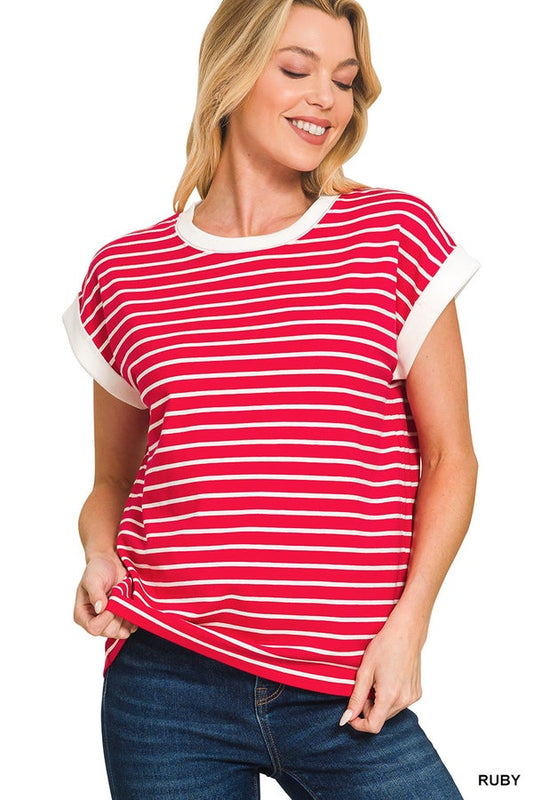 Red Cap Sleeve Stripe Tee- Simply Simpson's Boutique is a Women's Online Fashion Boutique Located in Jupiter, Florida