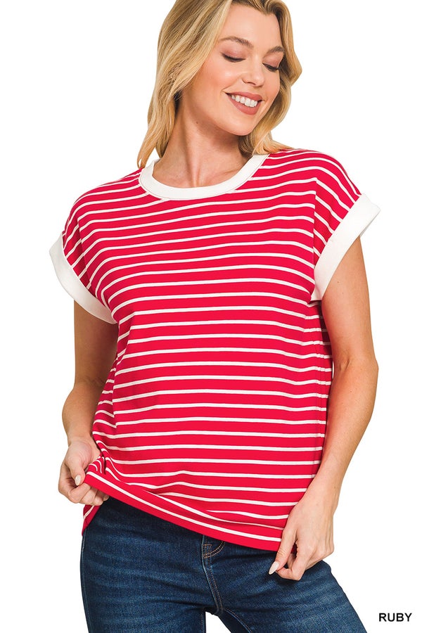 Red Cap Sleeve Stripe Tee- Simply Simpson's Boutique is a Women's Online Fashion Boutique Located in Jupiter, Florida