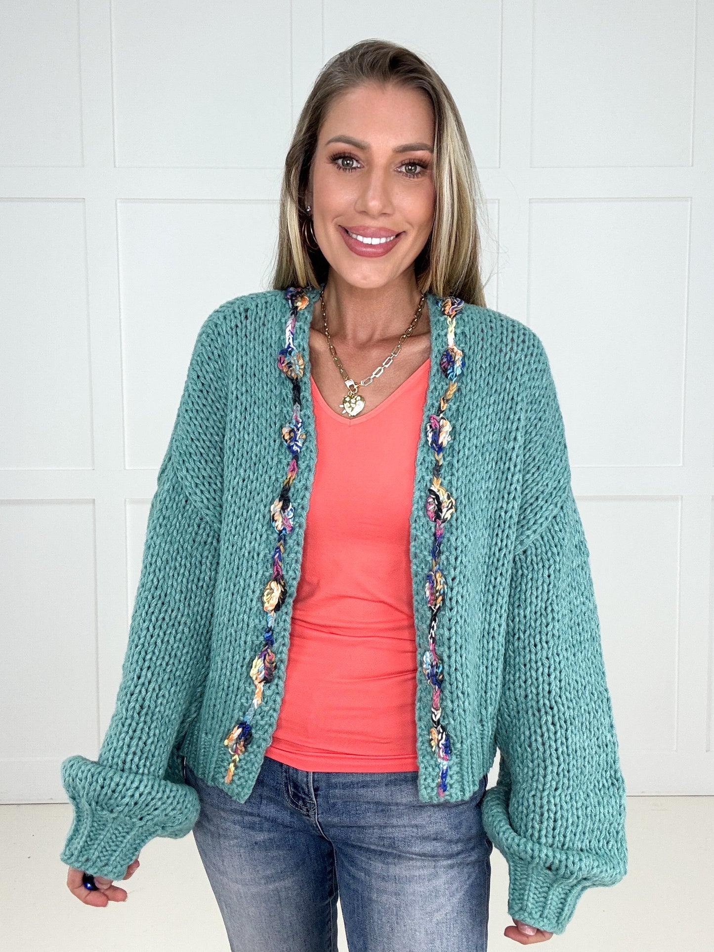 Aqua Happy Threads Cardigan