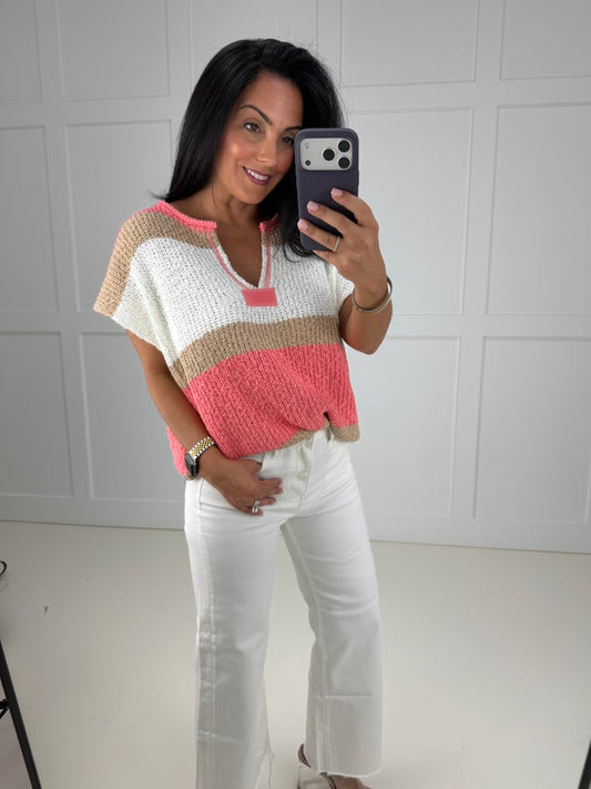 Coral Crochet Striped Top-100 Short Sleeves- Simply Simpson's Boutique is a Women's Online Fashion Boutique Located in Jupiter, Florida