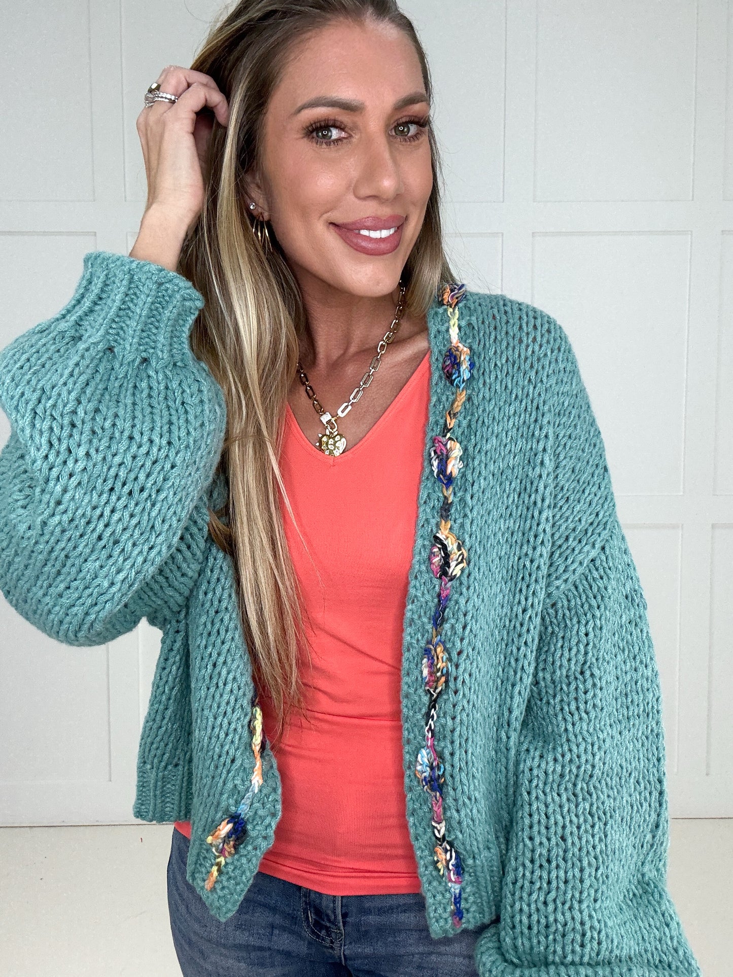 Aqua Happy Threads Cardigan