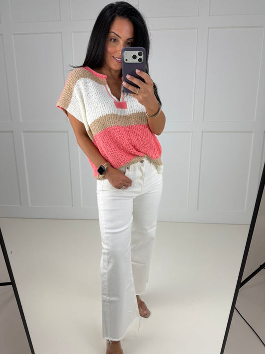 Coral Crochet Striped Top-100 Short Sleeves- Simply Simpson's Boutique is a Women's Online Fashion Boutique Located in Jupiter, Florida