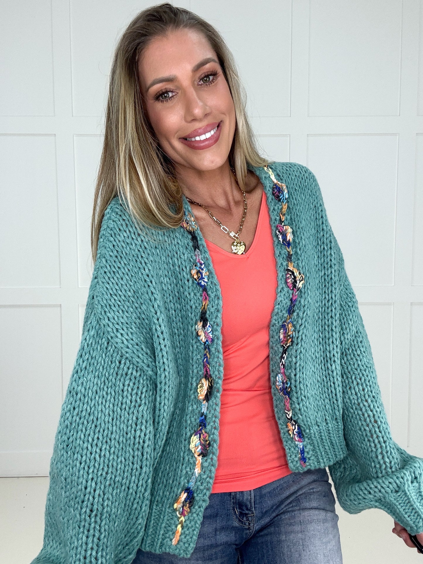 Aqua Happy Threads Cardigan