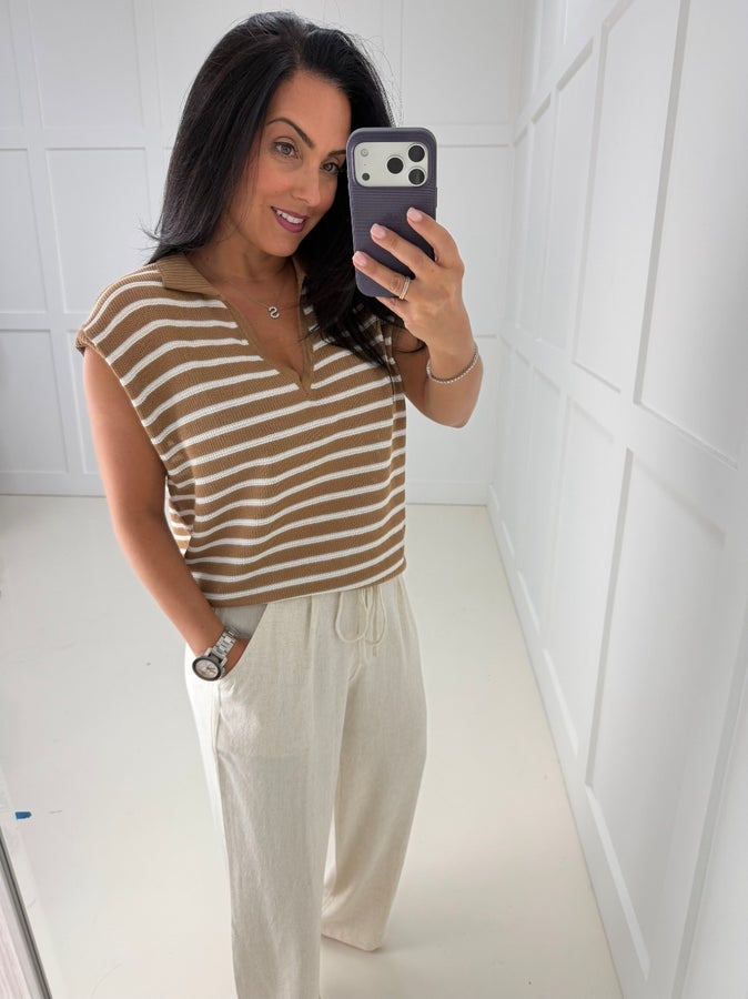 Monica Striped Knit Collared Mocha Sweater Vest-150 Sweaters- Simply Simpson's Boutique is a Women's Online Fashion Boutique Located in Jupiter, Florida