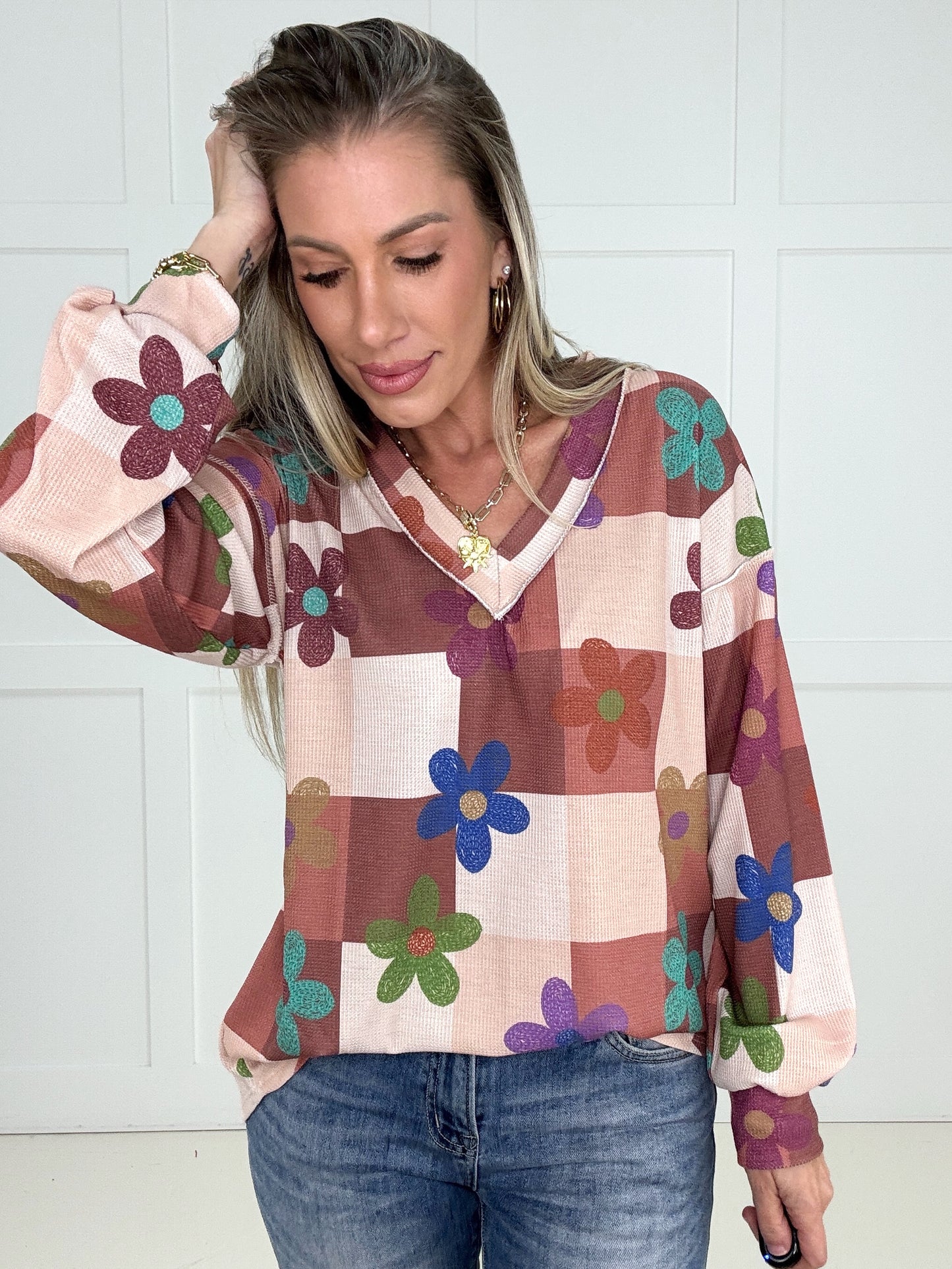 Groovy Garden Checkered Top-110 Long Sleeves- Simply Simpson's Boutique is a Women's Online Fashion Boutique Located in Jupiter, Florida
