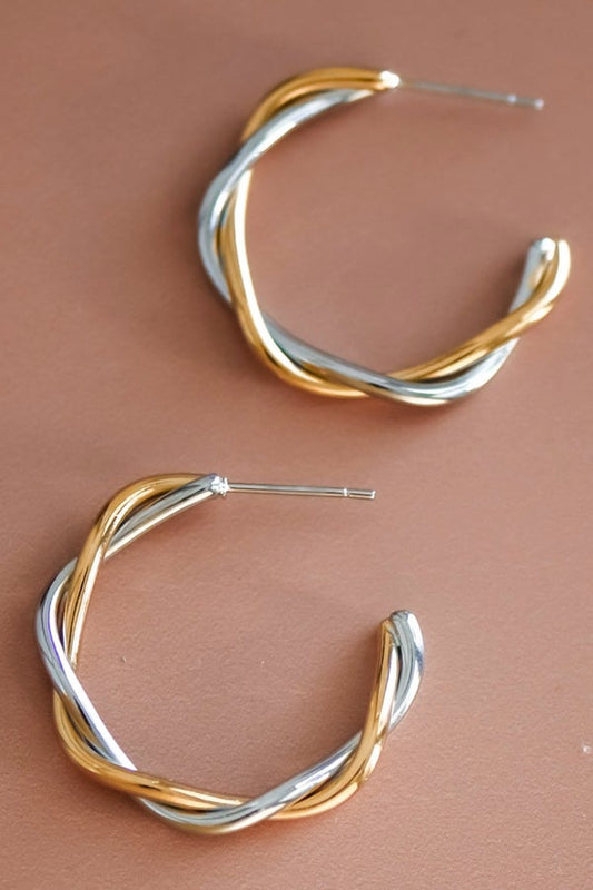 18K Gold Plated Stainless Steel Two Tone Twist Hoops Earrings-280 Jewelry- Simply Simpson's Boutique is a Women's Online Fashion Boutique Located in Jupiter, Florida