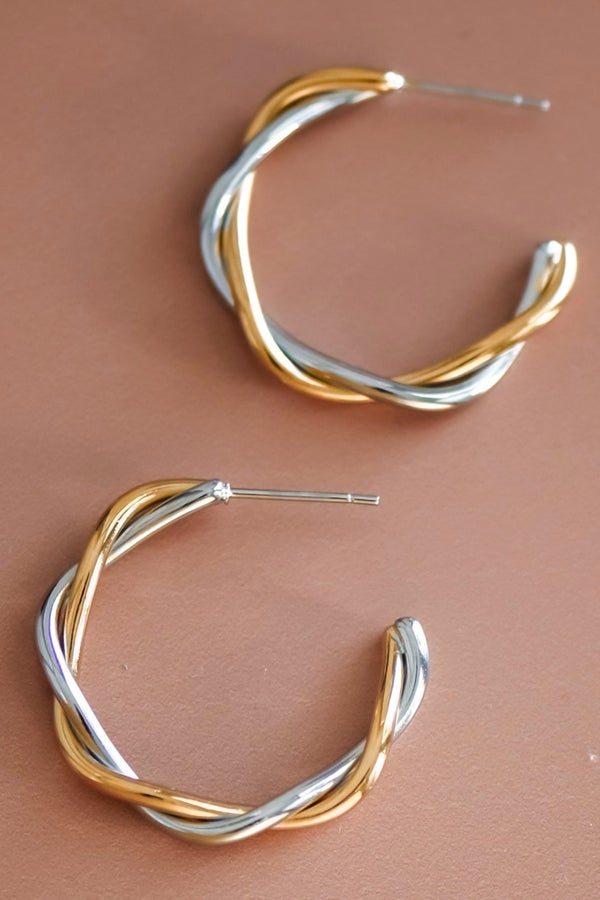18K Gold Plated Stainless Steel Two Tone Twist Hoops Earrings-280 Jewelry- Simply Simpson's Boutique is a Women's Online Fashion Boutique Located in Jupiter, Florida