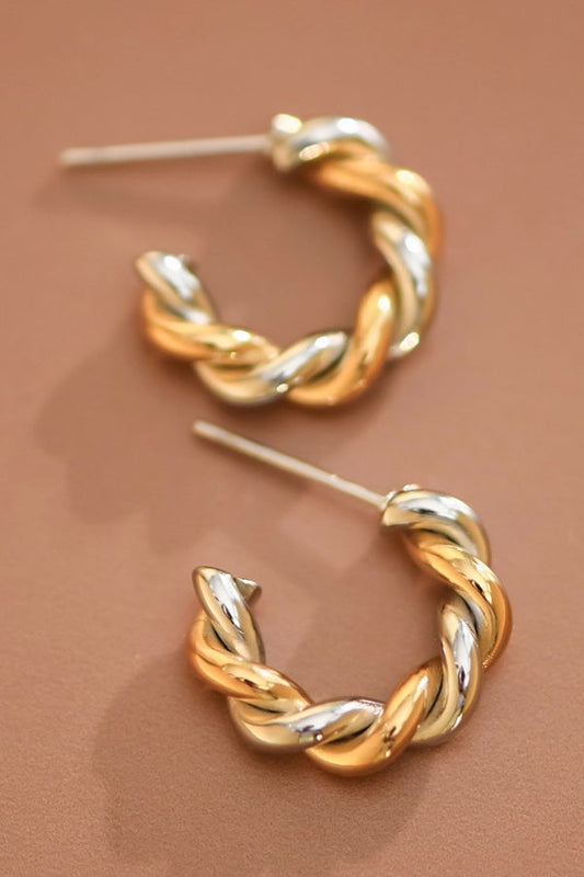 18k Gold Plated Stainless Steel Two Tone Twist Hoop Earrings-280 Jewelry- Simply Simpson's Boutique is a Women's Online Fashion Boutique Located in Jupiter, Florida