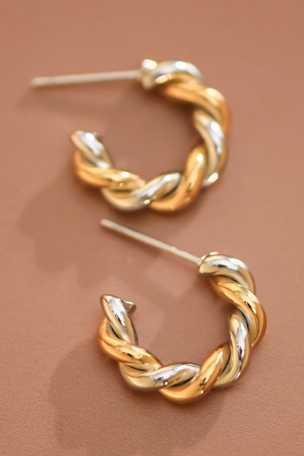 18k Gold Plated Stainless Steel Two Tone Twist Hoop Earrings-280 Jewelry- Simply Simpson's Boutique is a Women's Online Fashion Boutique Located in Jupiter, Florida