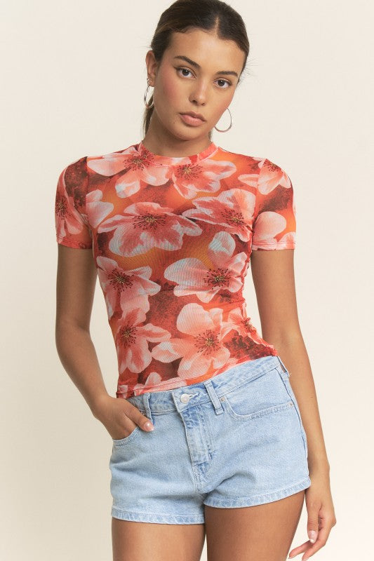 Red Penelope Floral Mesh Top-100 Short Sleeves- Simply Simpson's Boutique is a Women's Online Fashion Boutique Located in Jupiter, Florida