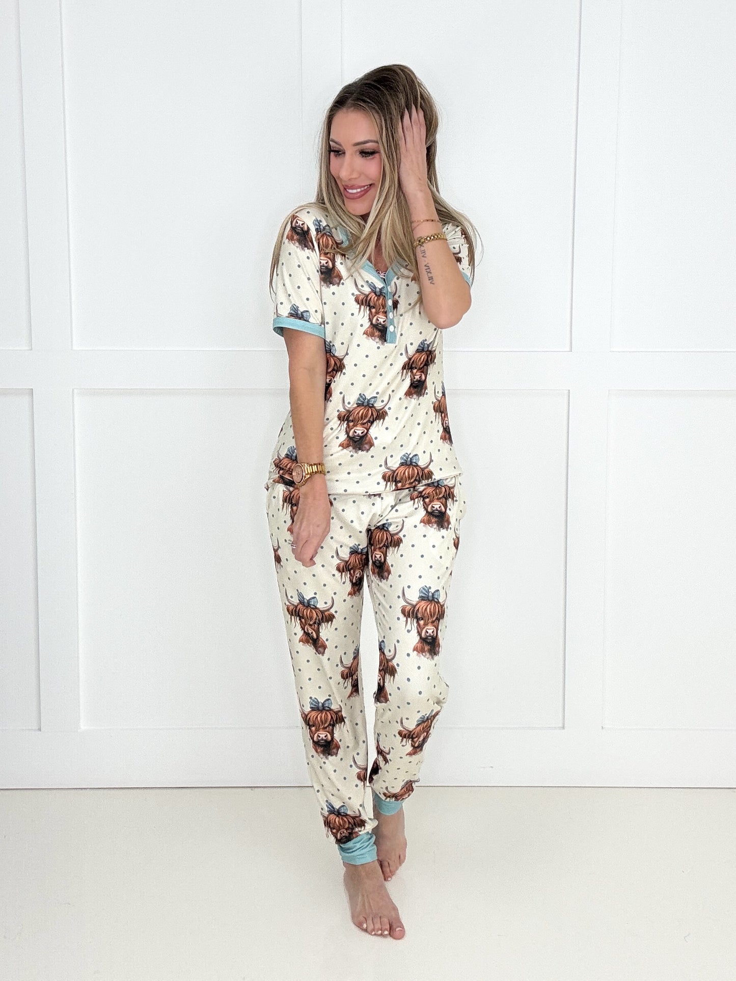 Blue Belle Highland Cow Pajama Preorder-220 Lounge wear/Pajamas- Simply Simpson's Boutique is a Women's Online Fashion Boutique Located in Jupiter, Florida
