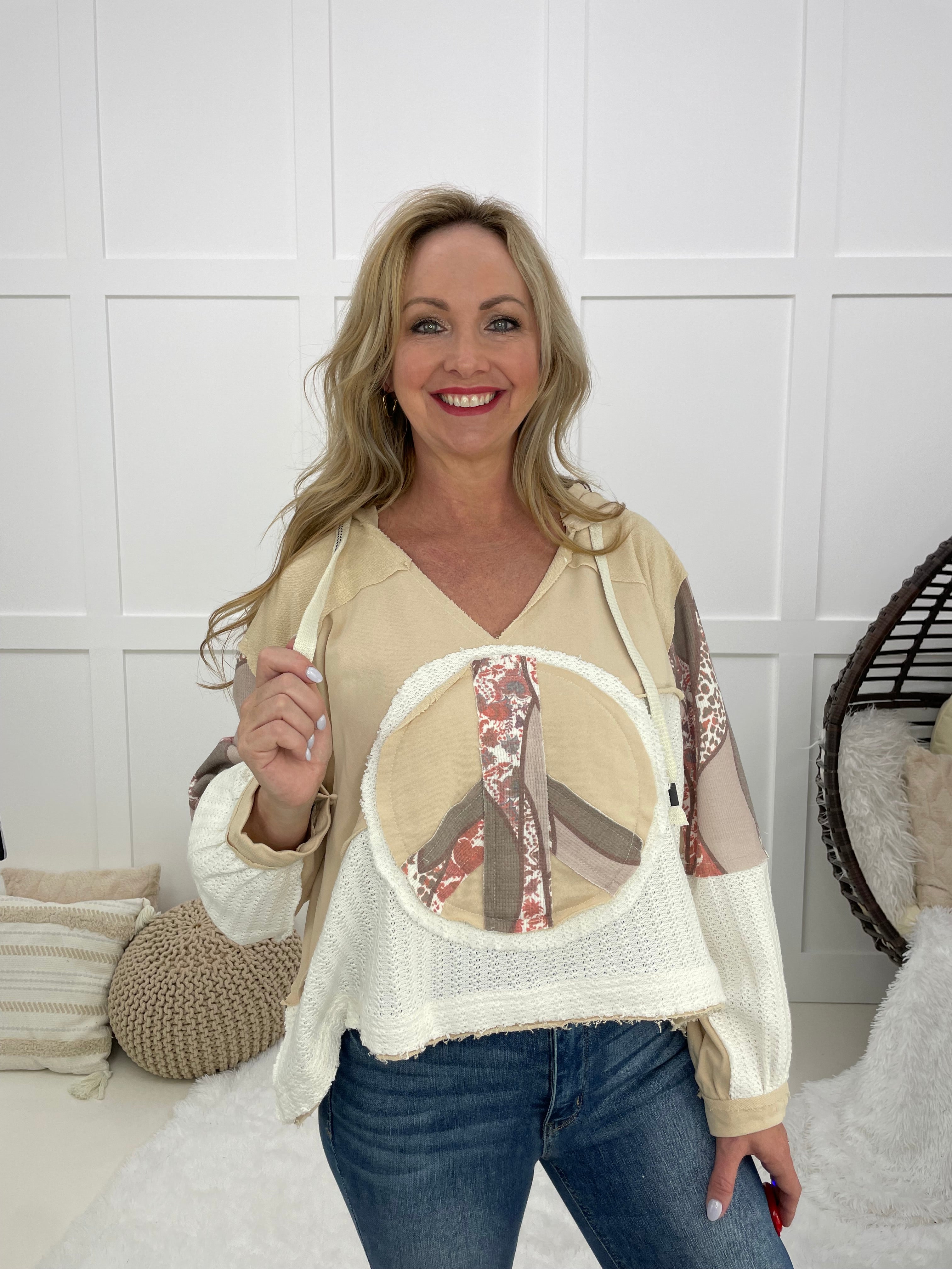 POL Peace and Hoodie Top-180 Outerwear- Simply Simpson's Boutique is a Women's Online Fashion Boutique Located in Jupiter, Florida