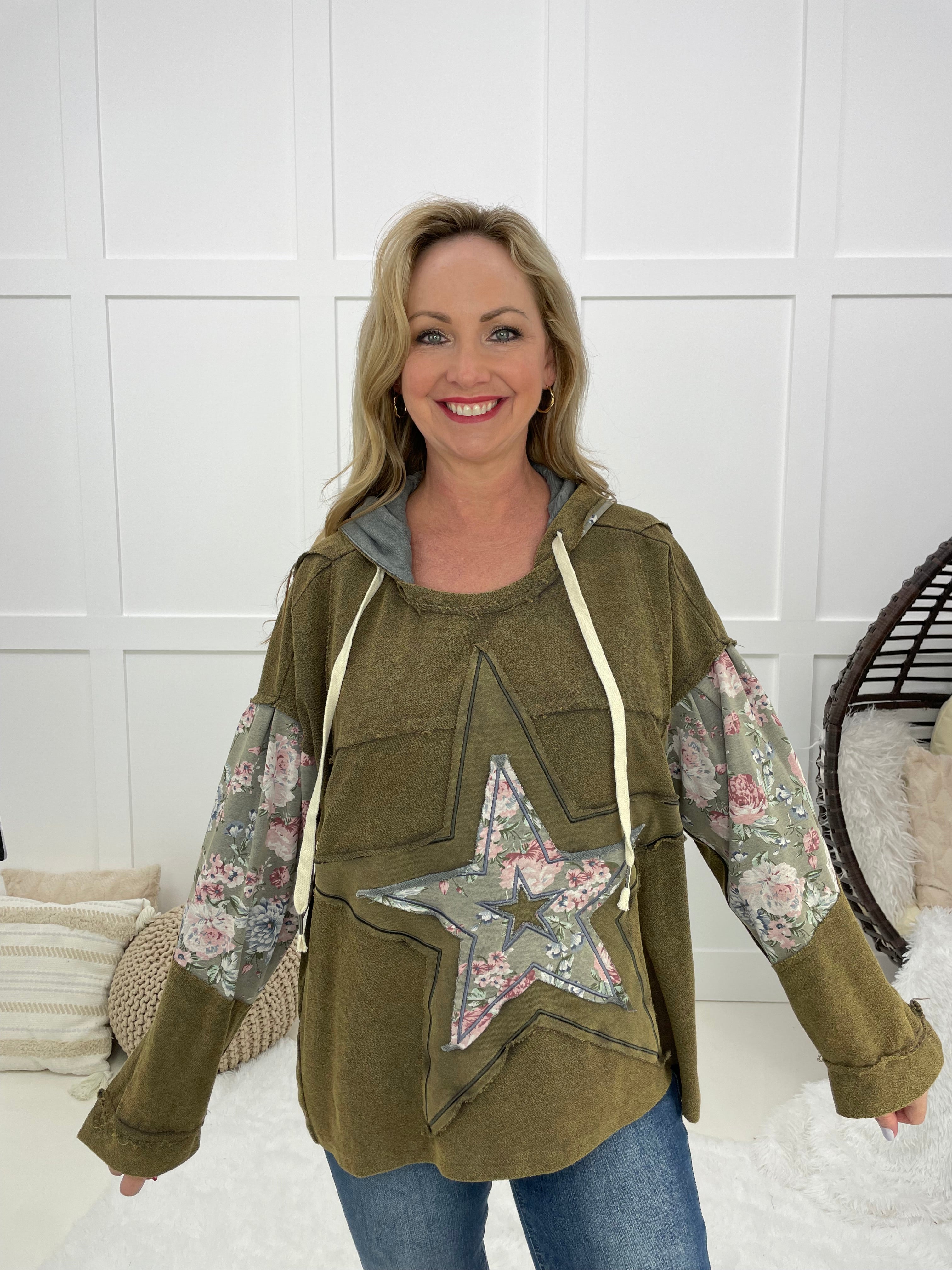 POL Star Bright Hooded Top-110 Long Sleeves- Simply Simpson's Boutique is a Women's Online Fashion Boutique Located in Jupiter, Florida