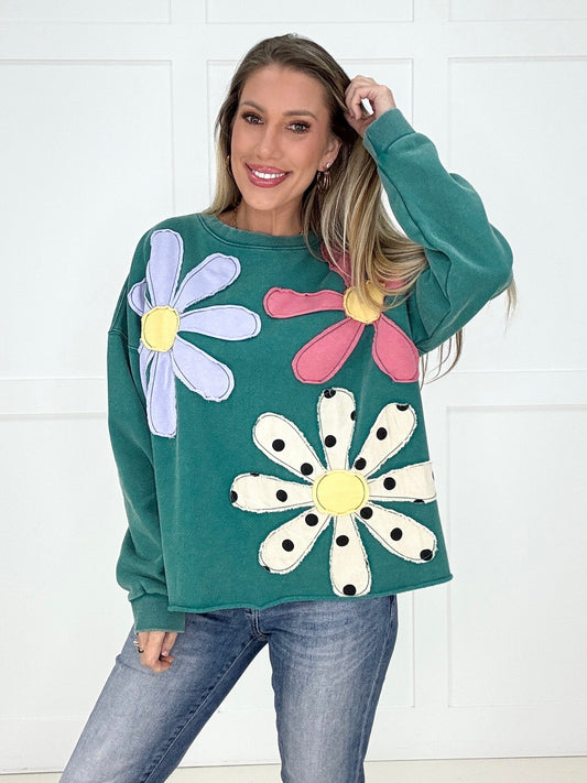 Teal Petal Patch Pullover-150 Sweaters- Simply Simpson's Boutique is a Women's Online Fashion Boutique Located in Jupiter, Florida