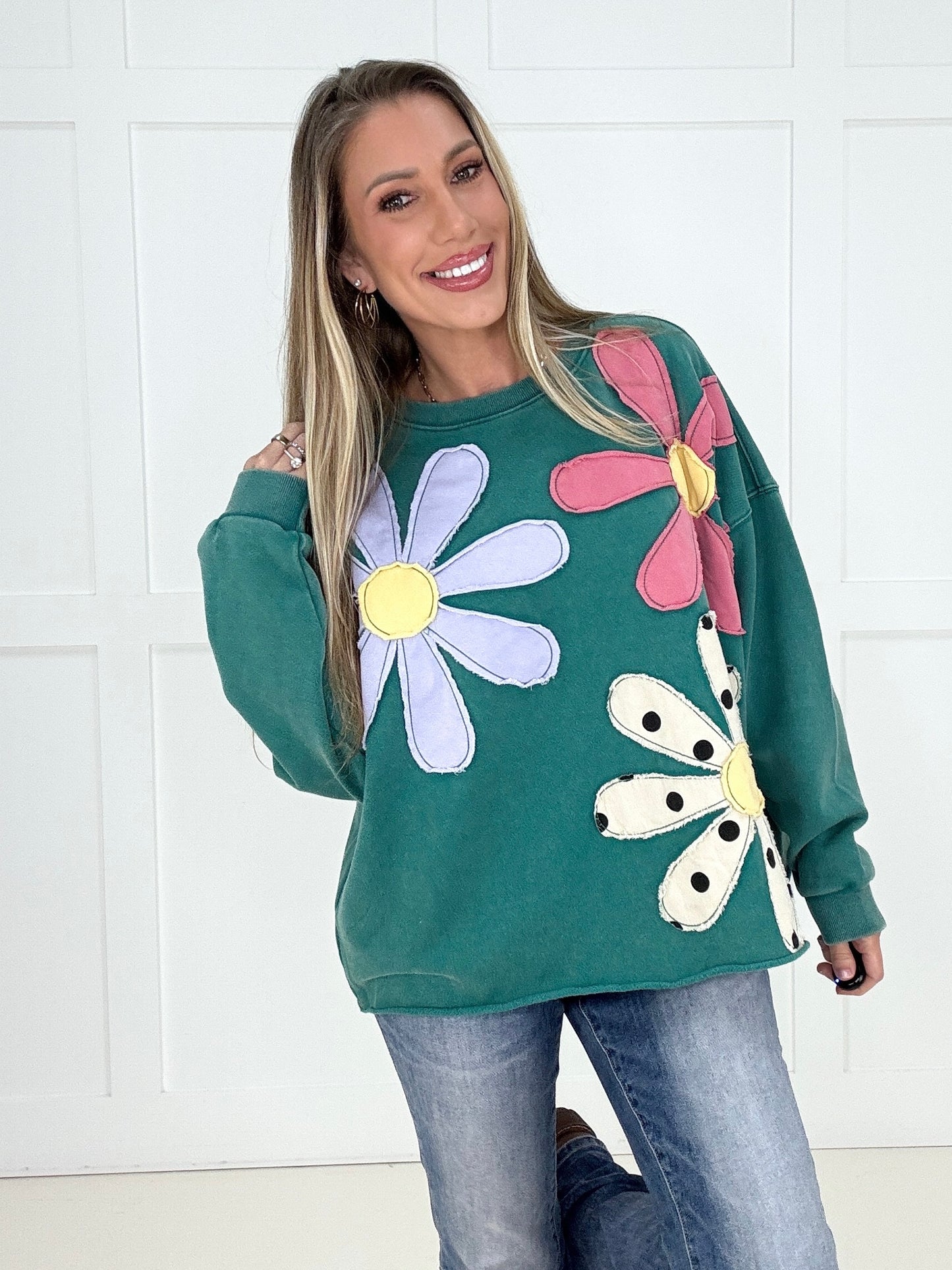 Teal Petal Patch Pullover-150 Sweaters- Simply Simpson's Boutique is a Women's Online Fashion Boutique Located in Jupiter, Florida