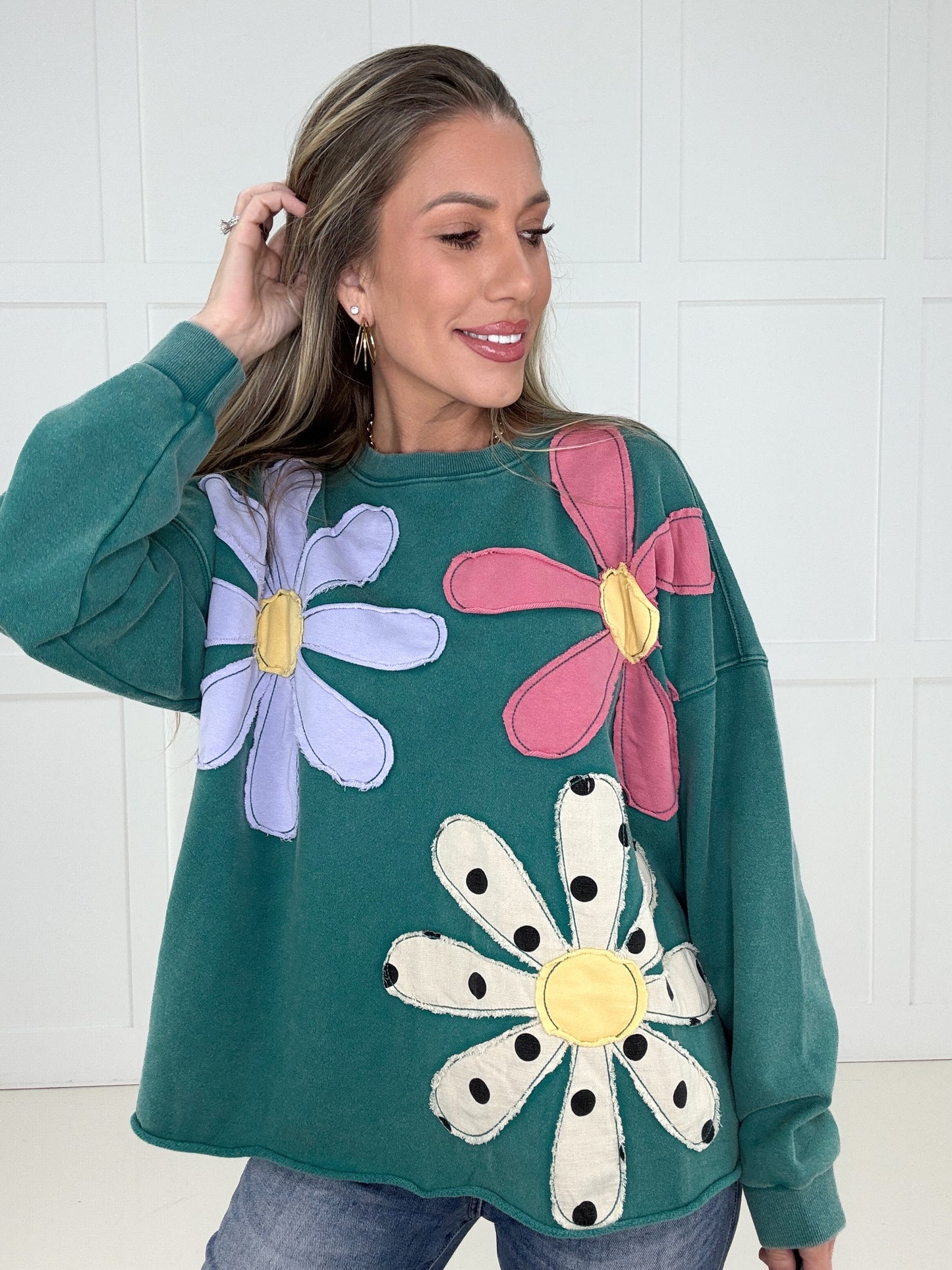 Teal Petal Patch Pullover-150 Sweaters- Simply Simpson's Boutique is a Women's Online Fashion Boutique Located in Jupiter, Florida