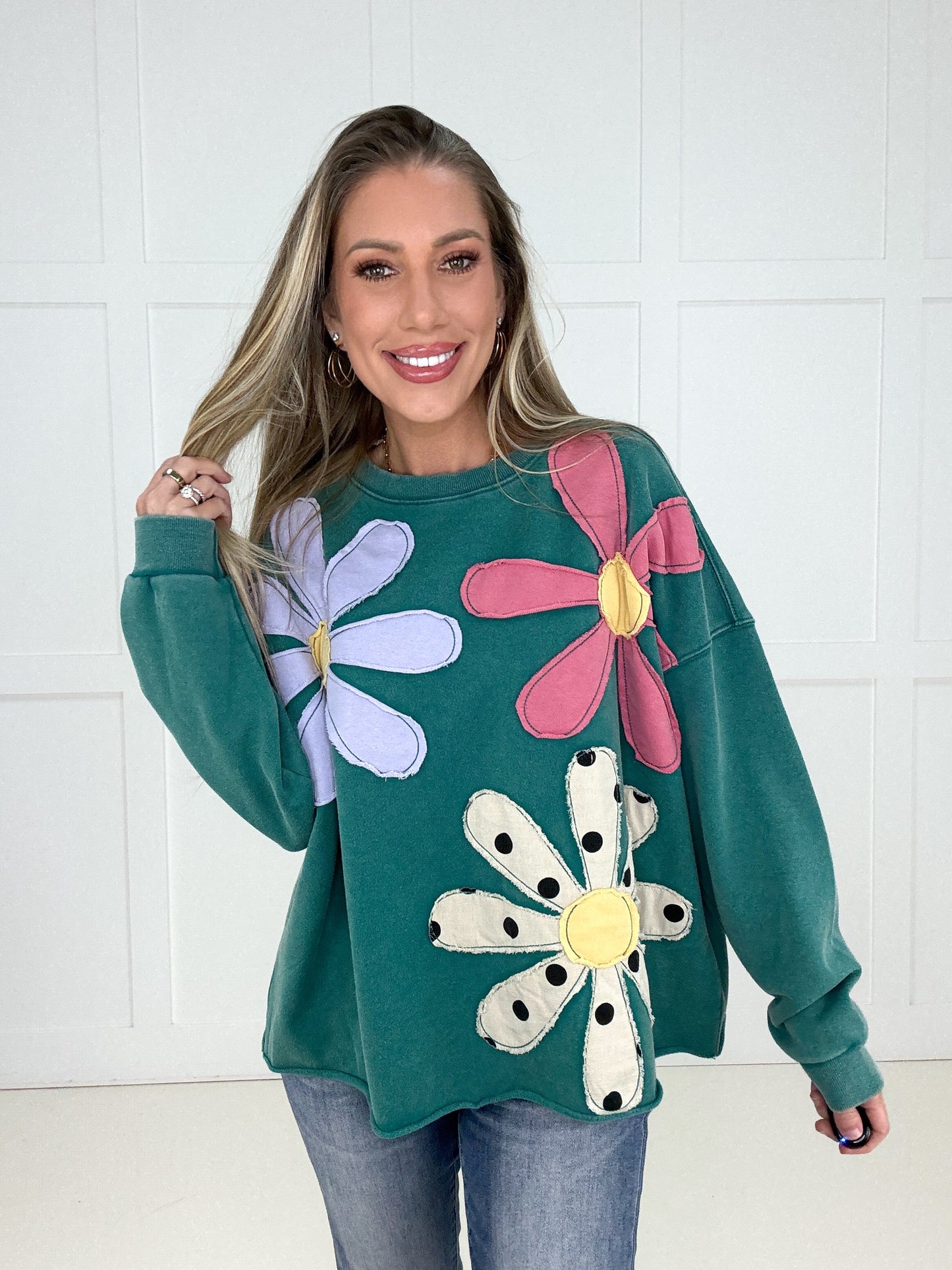 Teal Petal Patch Pullover-150 Sweaters- Simply Simpson's Boutique is a Women's Online Fashion Boutique Located in Jupiter, Florida