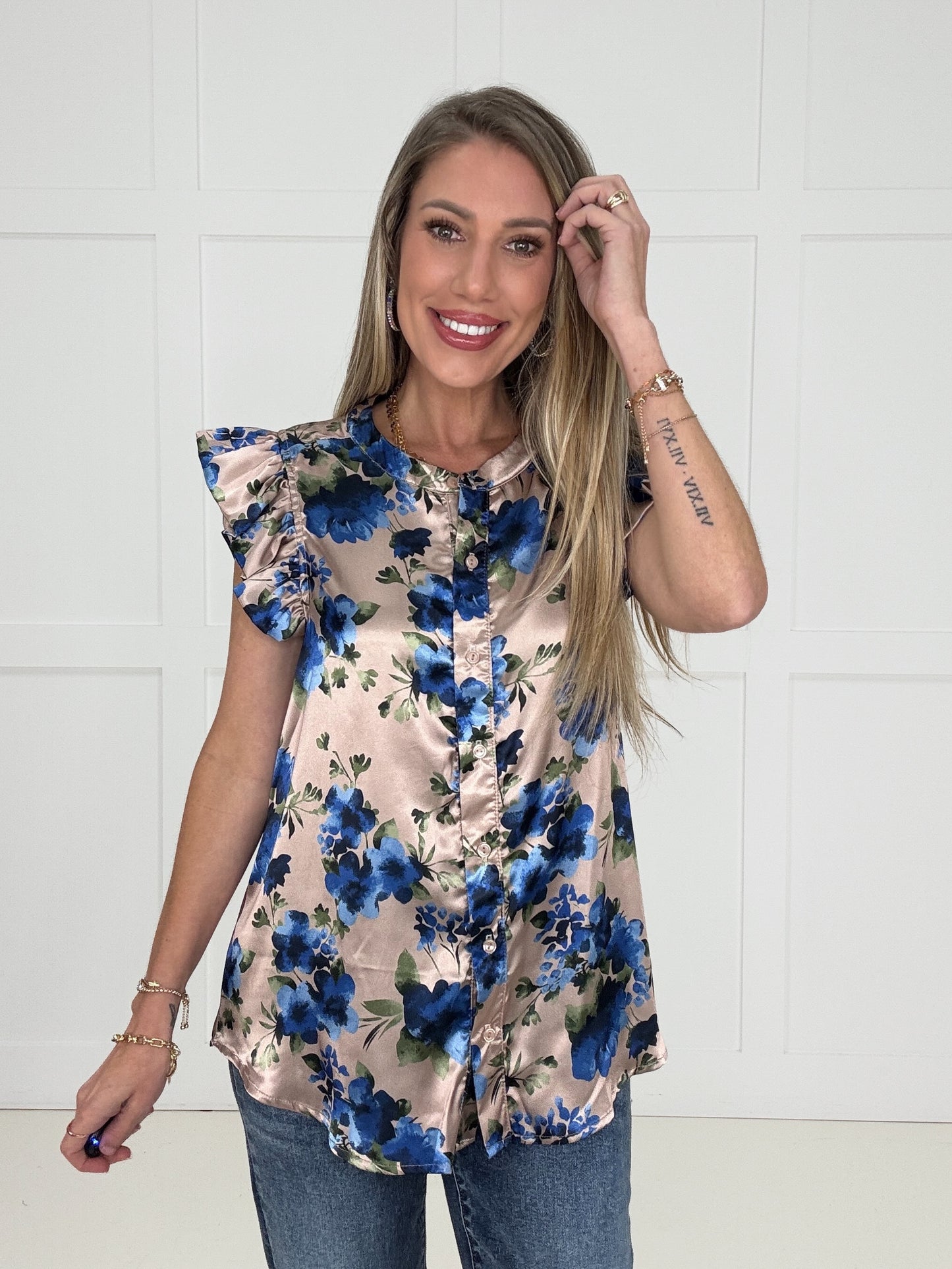 Sapphire Blooms Blouse-100 Short Sleeves- Simply Simpson's Boutique is a Women's Online Fashion Boutique Located in Jupiter, Florida