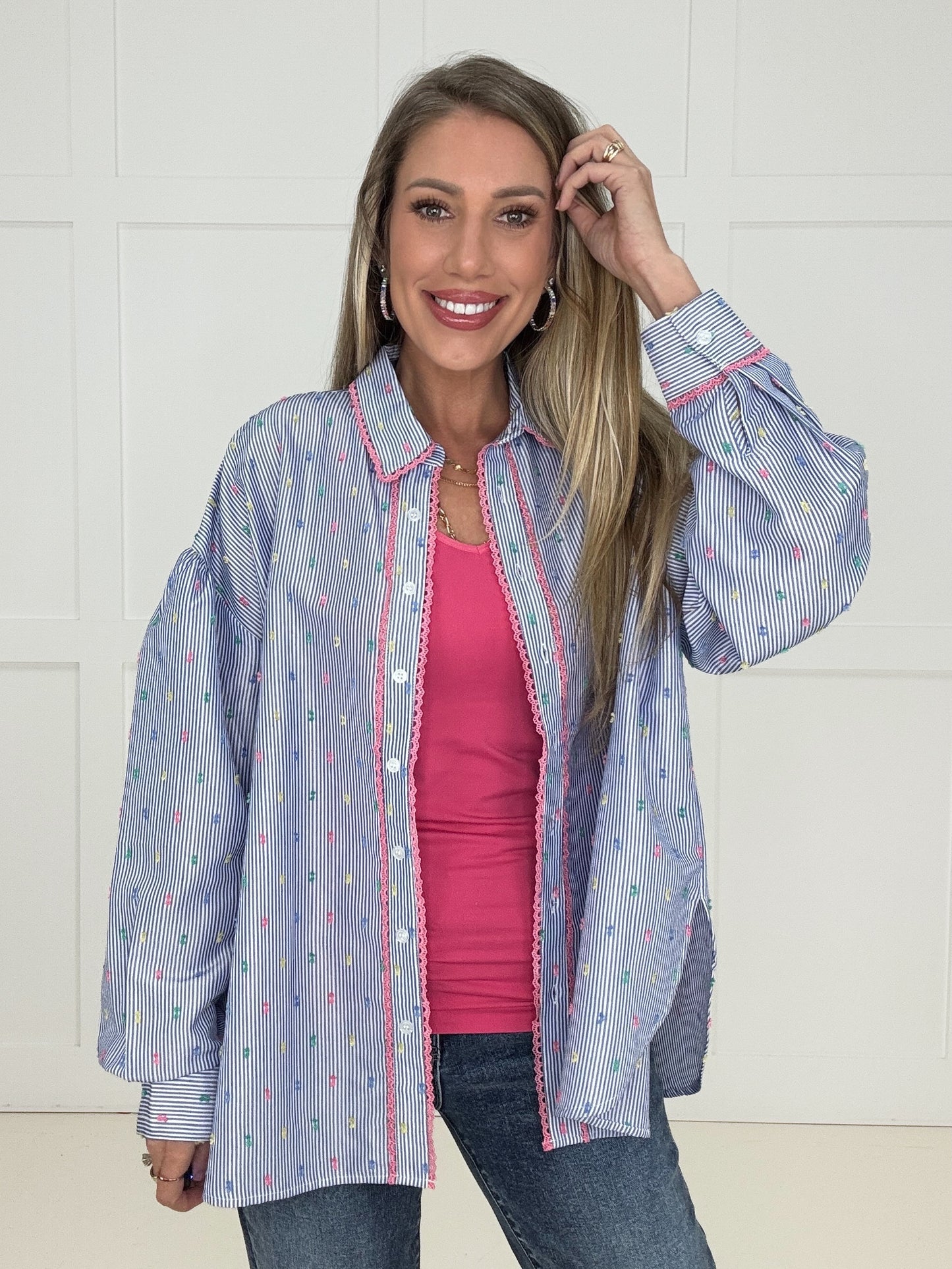 Pompom Striped Button Down-110 Long Sleeves- Simply Simpson's Boutique is a Women's Online Fashion Boutique Located in Jupiter, Florida