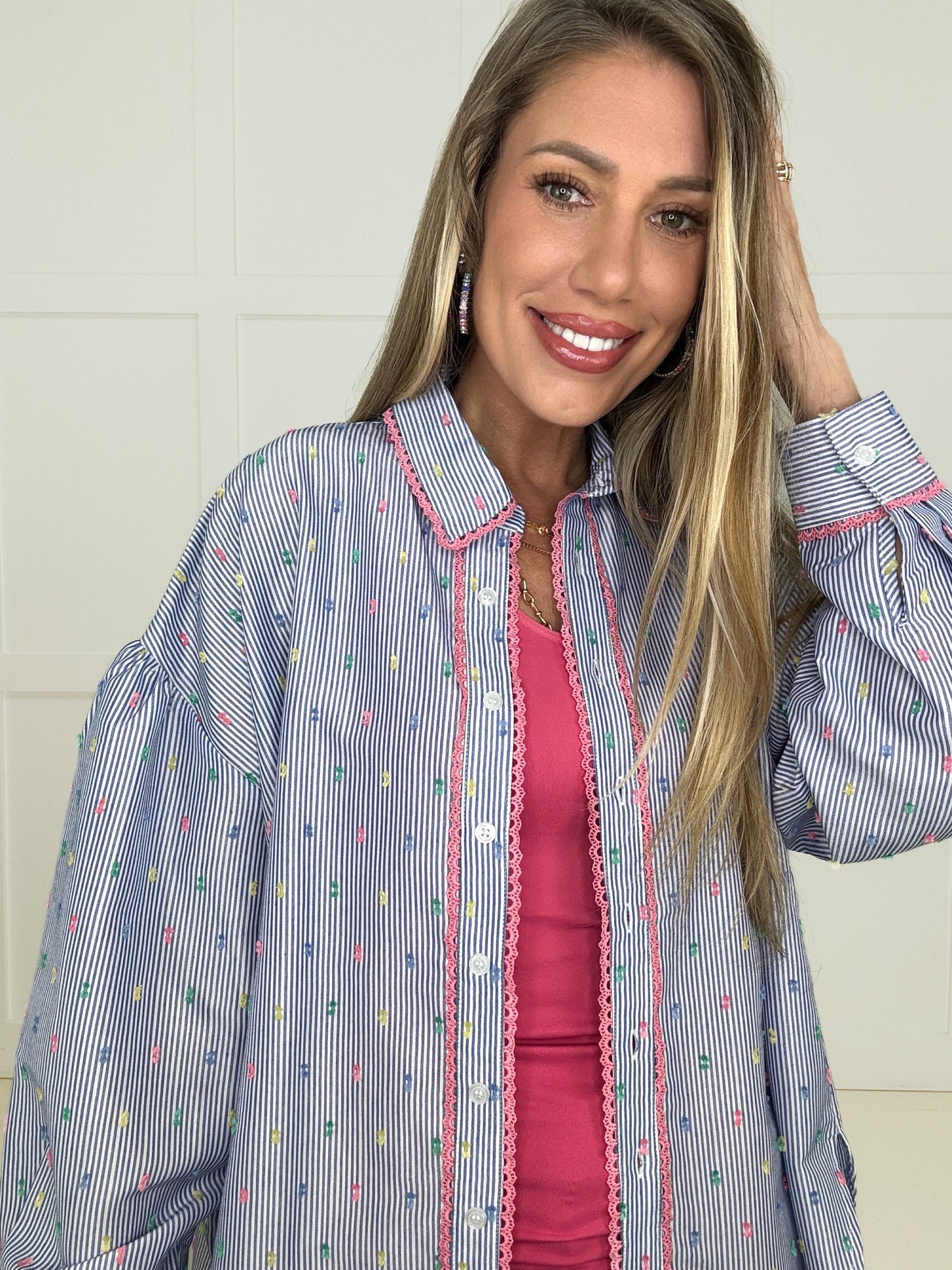 Pompom Striped Button Down-110 Long Sleeves- Simply Simpson's Boutique is a Women's Online Fashion Boutique Located in Jupiter, Florida