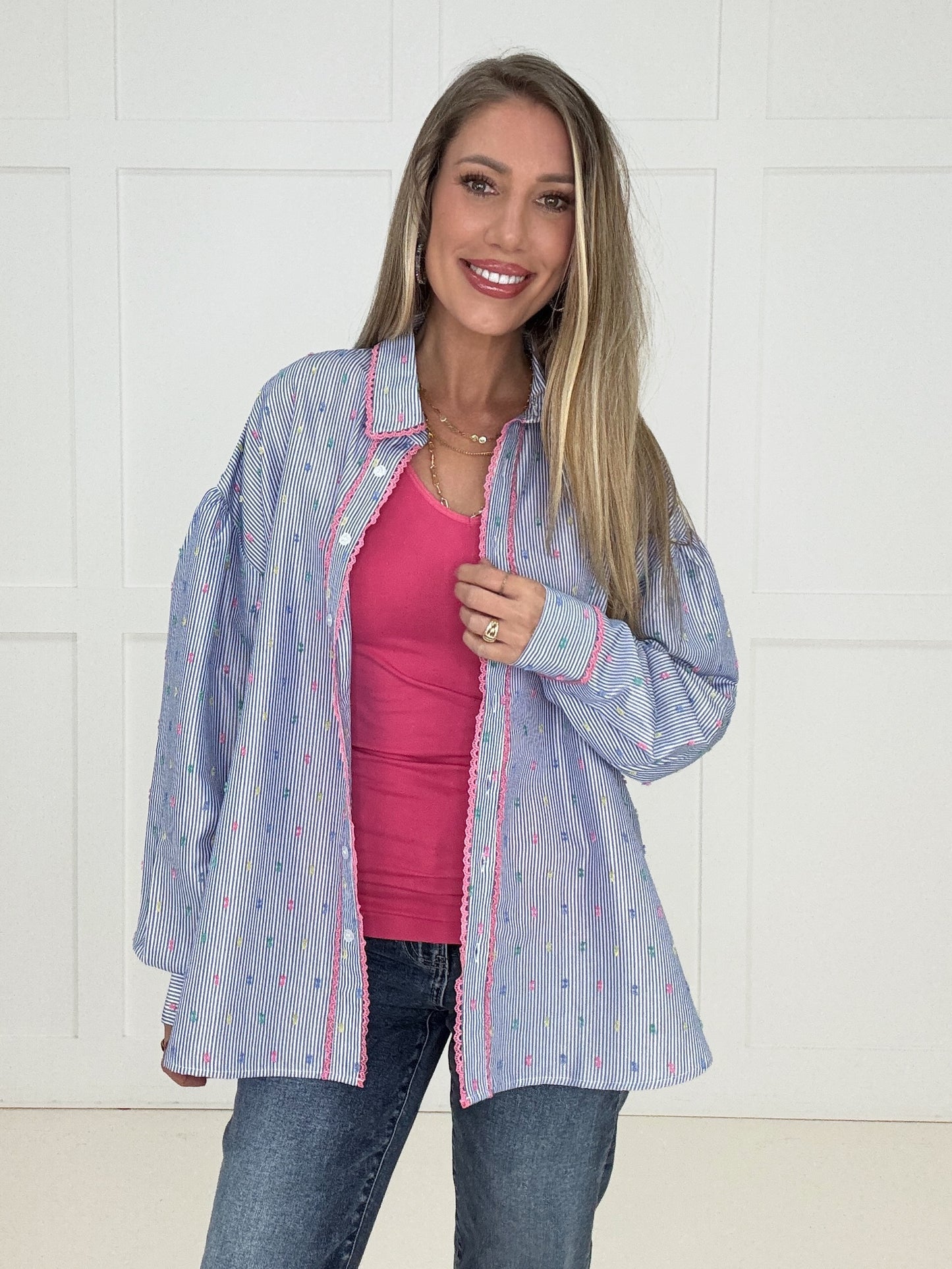 Pompom Striped Button Down-110 Long Sleeves- Simply Simpson's Boutique is a Women's Online Fashion Boutique Located in Jupiter, Florida