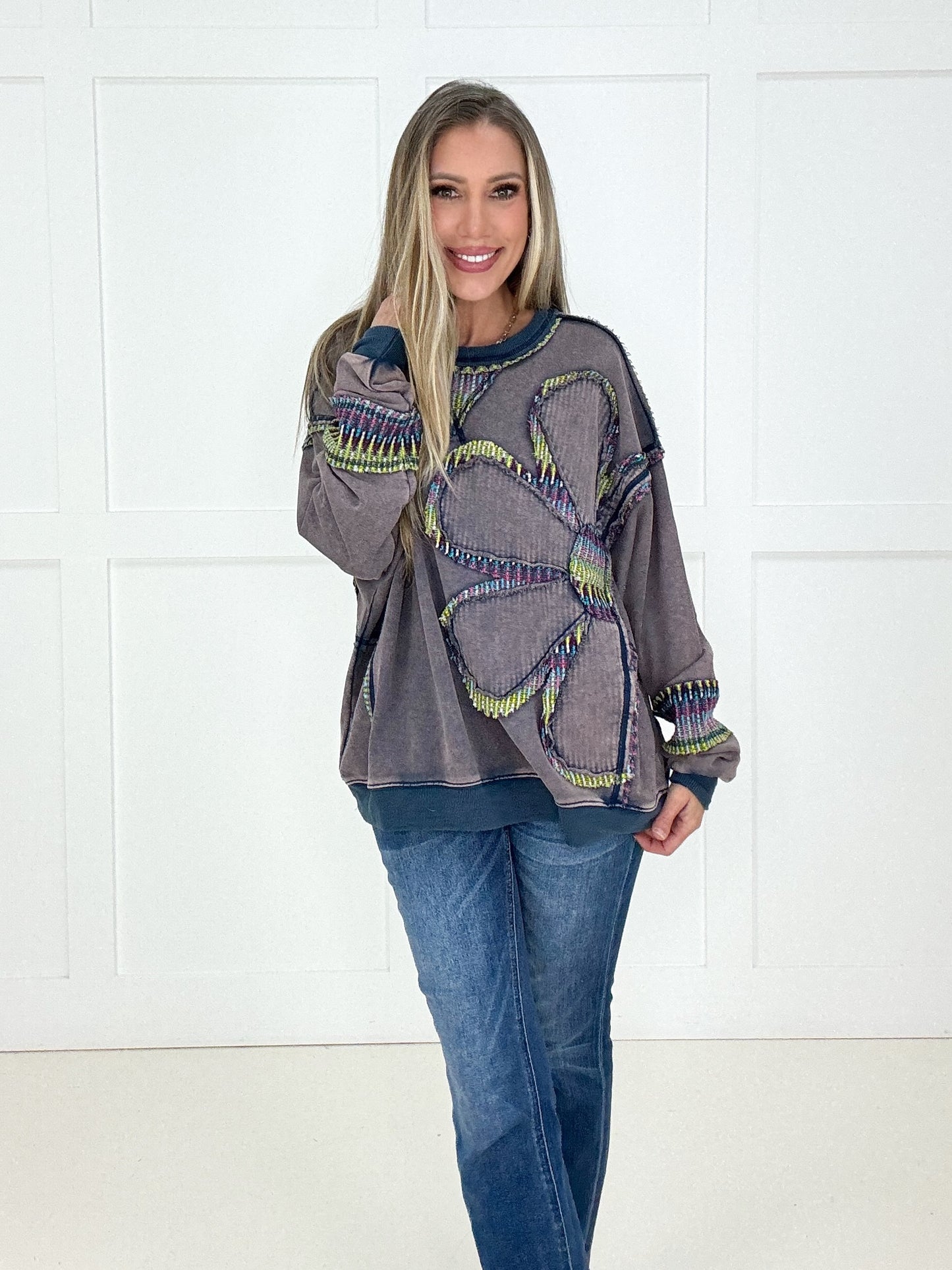 Blueberry Stitched in Bloom Pullover