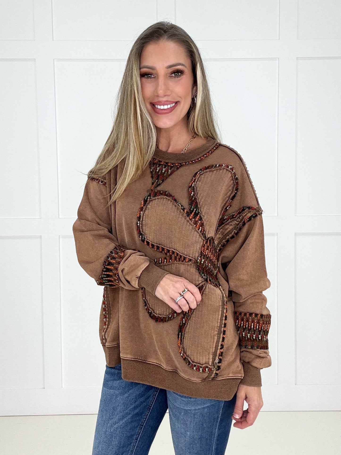 Mocha Stitched in Bloom Pullover