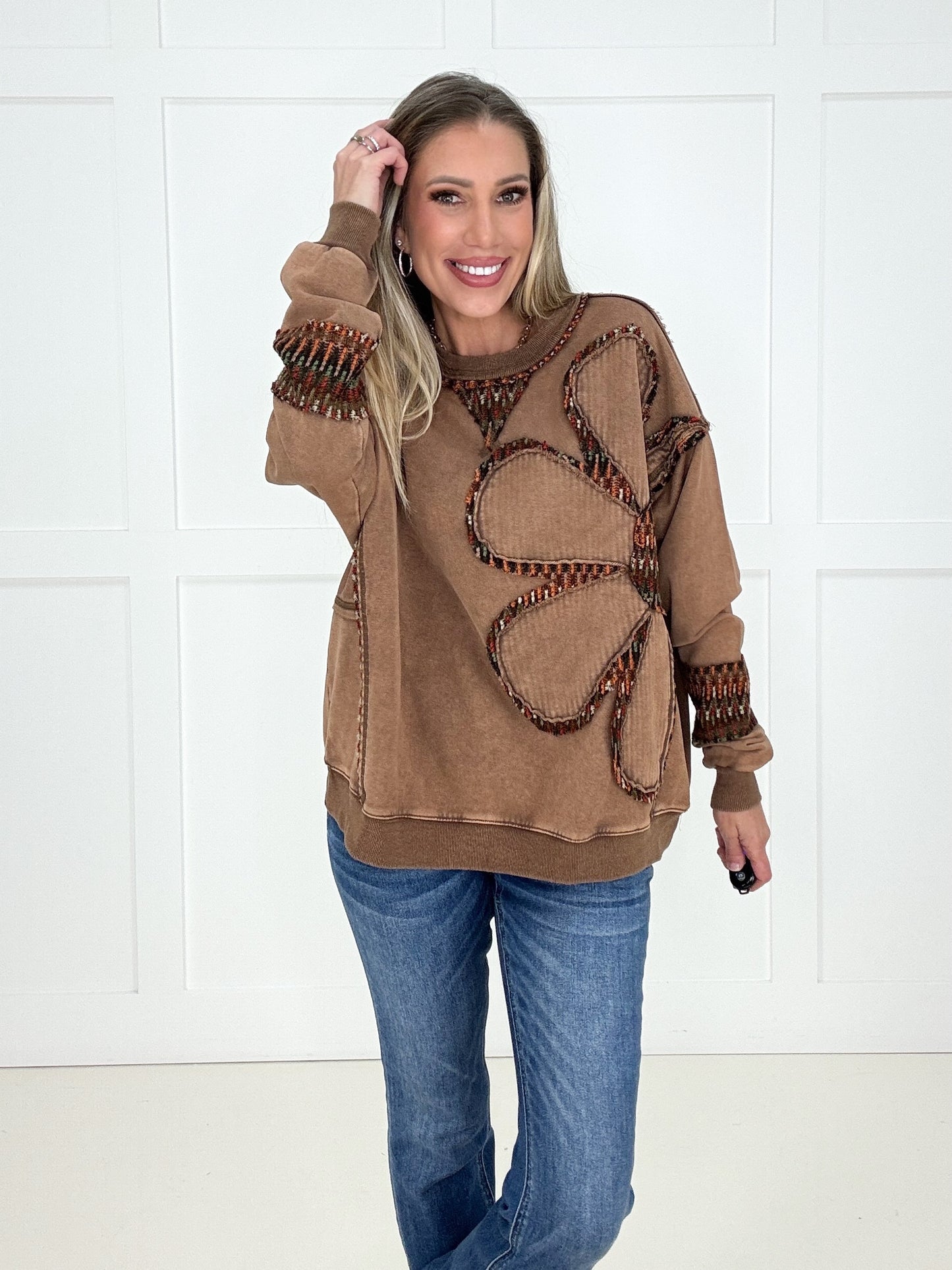 Mocha Stitched in Bloom Pullover