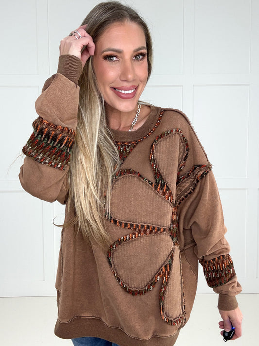Mocha Stitched in Bloom Pullover