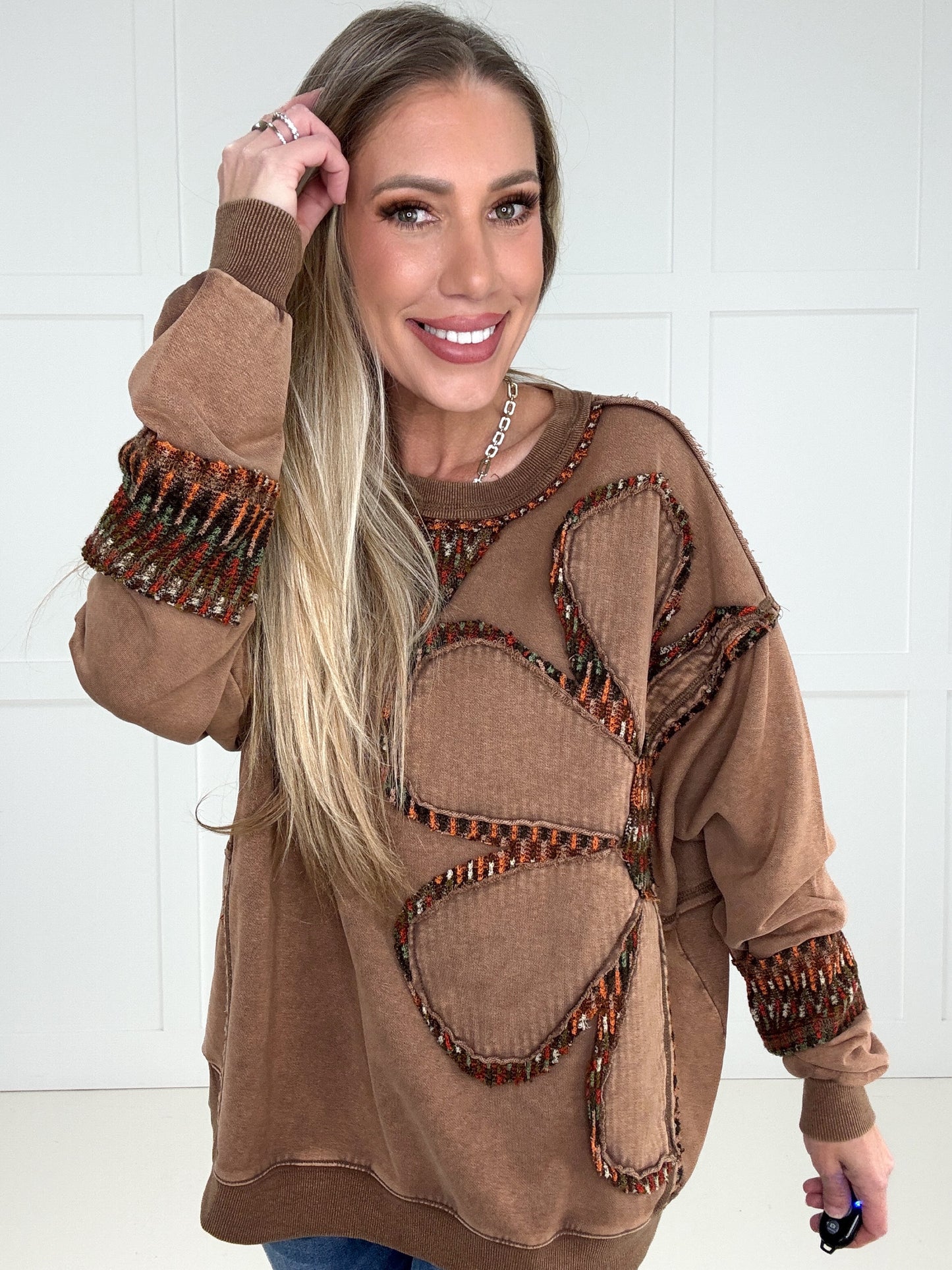 Mocha Stitched in Bloom Pullover