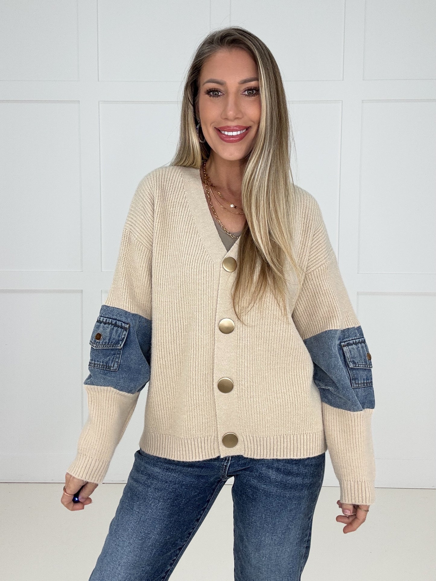 Denim Detail Knit Cardigan-150 Sweaters- Simply Simpson's Boutique is a Women's Online Fashion Boutique Located in Jupiter, Florida