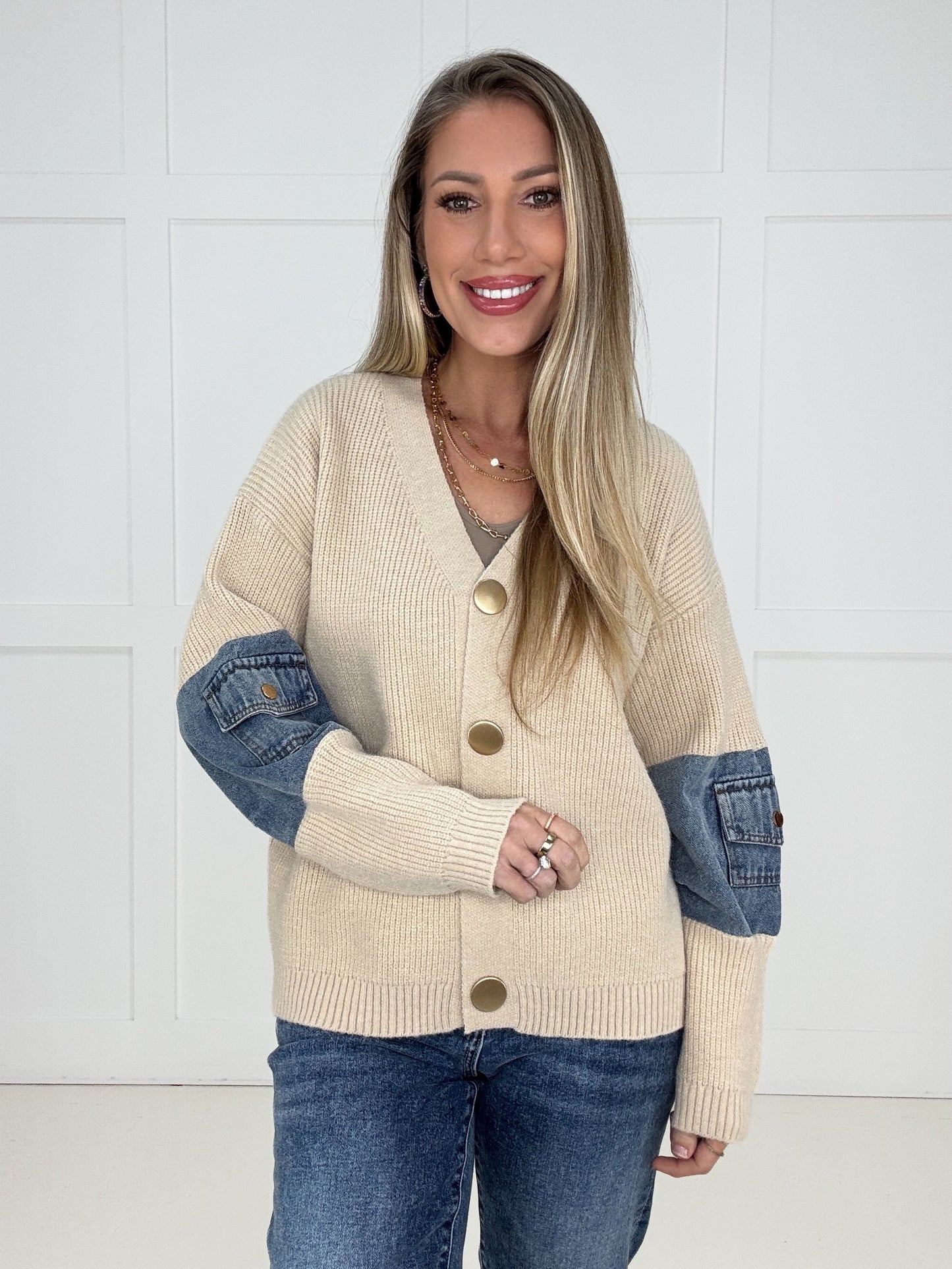 Denim Detail Knit Cardigan-150 Sweaters- Simply Simpson's Boutique is a Women's Online Fashion Boutique Located in Jupiter, Florida
