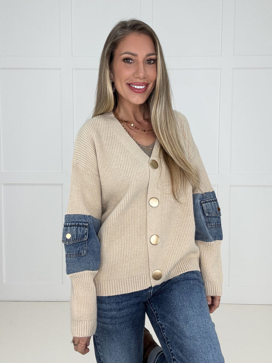 Denim Detail Knit Cardigan-150 Sweaters- Simply Simpson's Boutique is a Women's Online Fashion Boutique Located in Jupiter, Florida