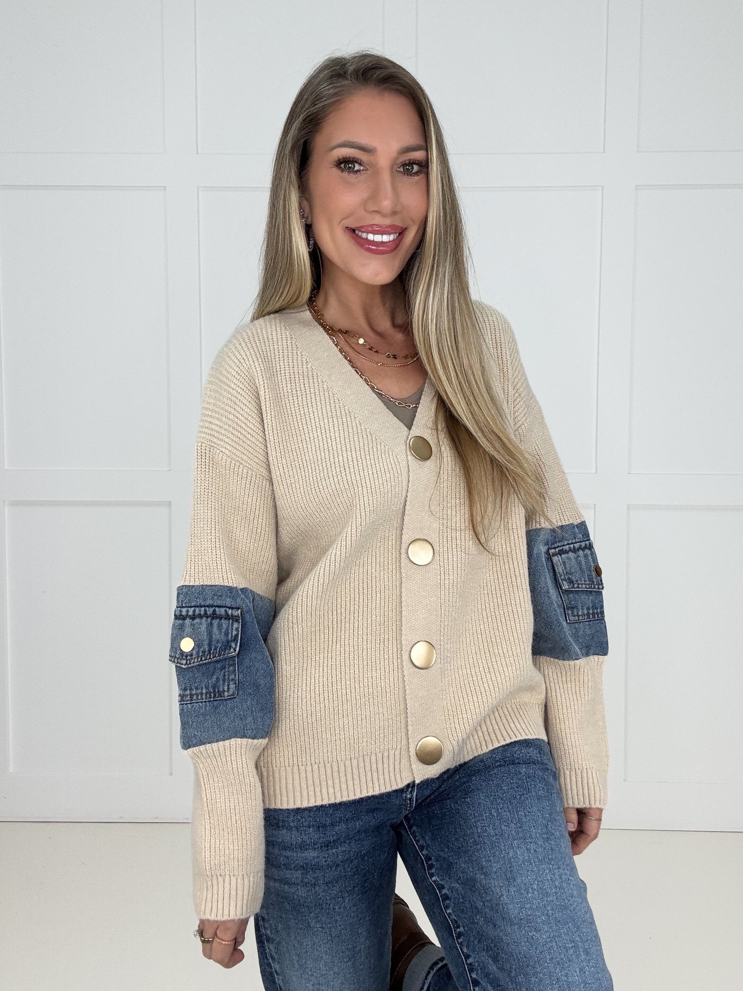 Denim Detail Knit Cardigan-150 Sweaters- Simply Simpson's Boutique is a Women's Online Fashion Boutique Located in Jupiter, Florida