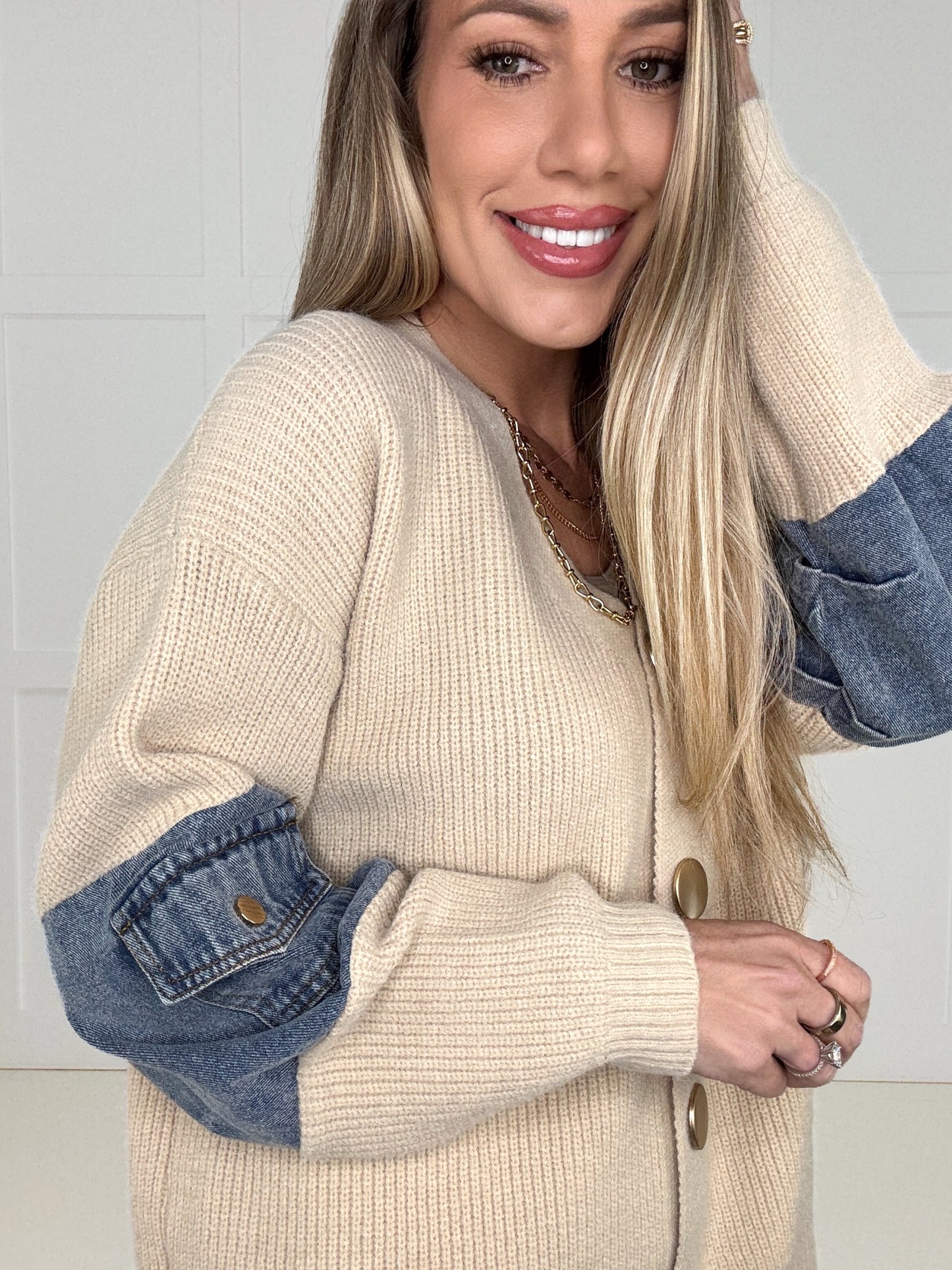 Denim Detail Knit Cardigan-150 Sweaters- Simply Simpson's Boutique is a Women's Online Fashion Boutique Located in Jupiter, Florida