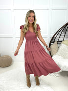 Fall Colored Flutter Sleeve Midi Dress-240 Dresses- Simply Simpson's Boutique is a Women's Online Fashion Boutique Located in Jupiter, Florida